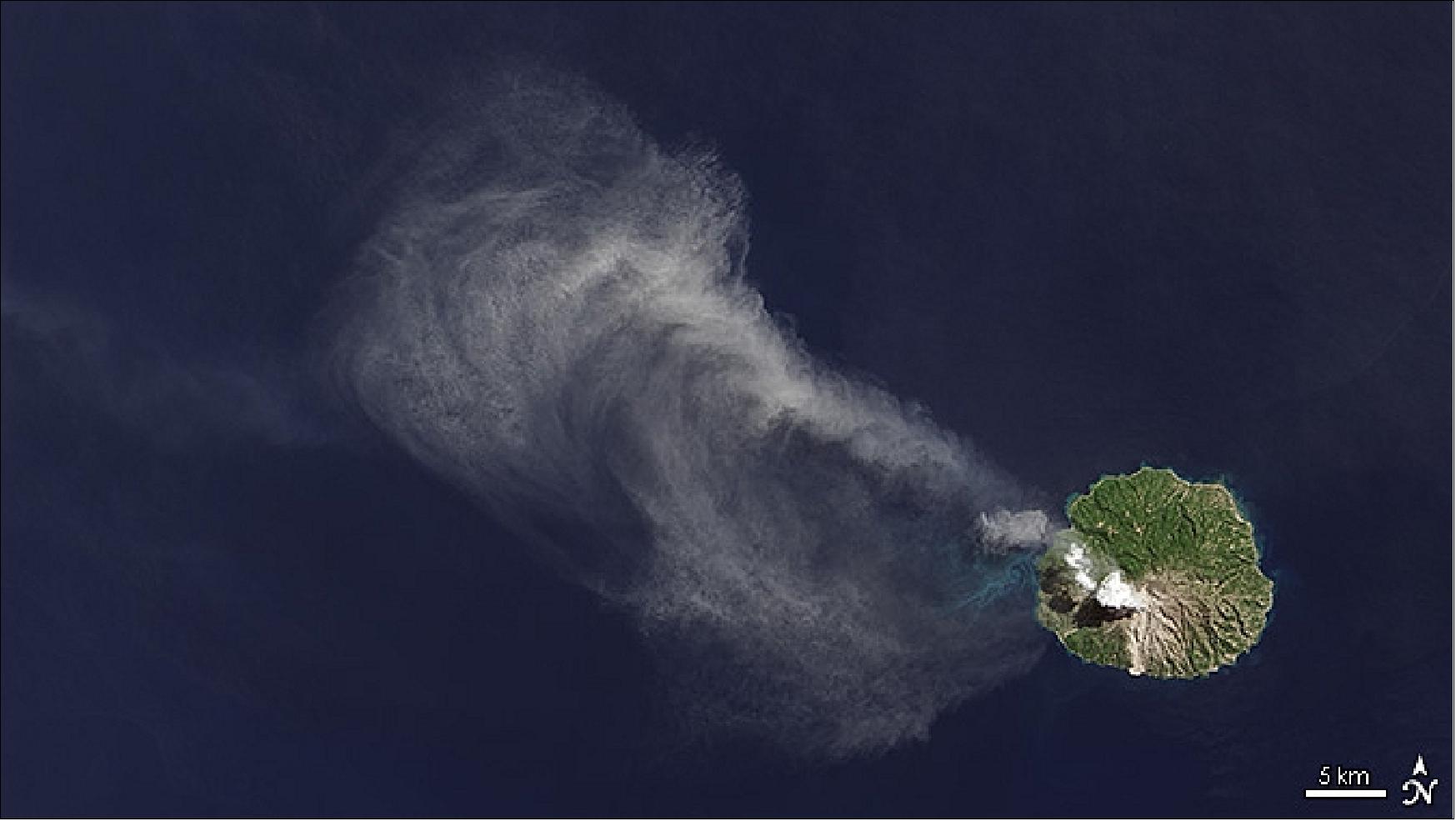 Figure 96: An ash plume drifts from Paluweh volcano in Indonesia in this image, taken April 29, 2013 with OLI (image credit: NASA)