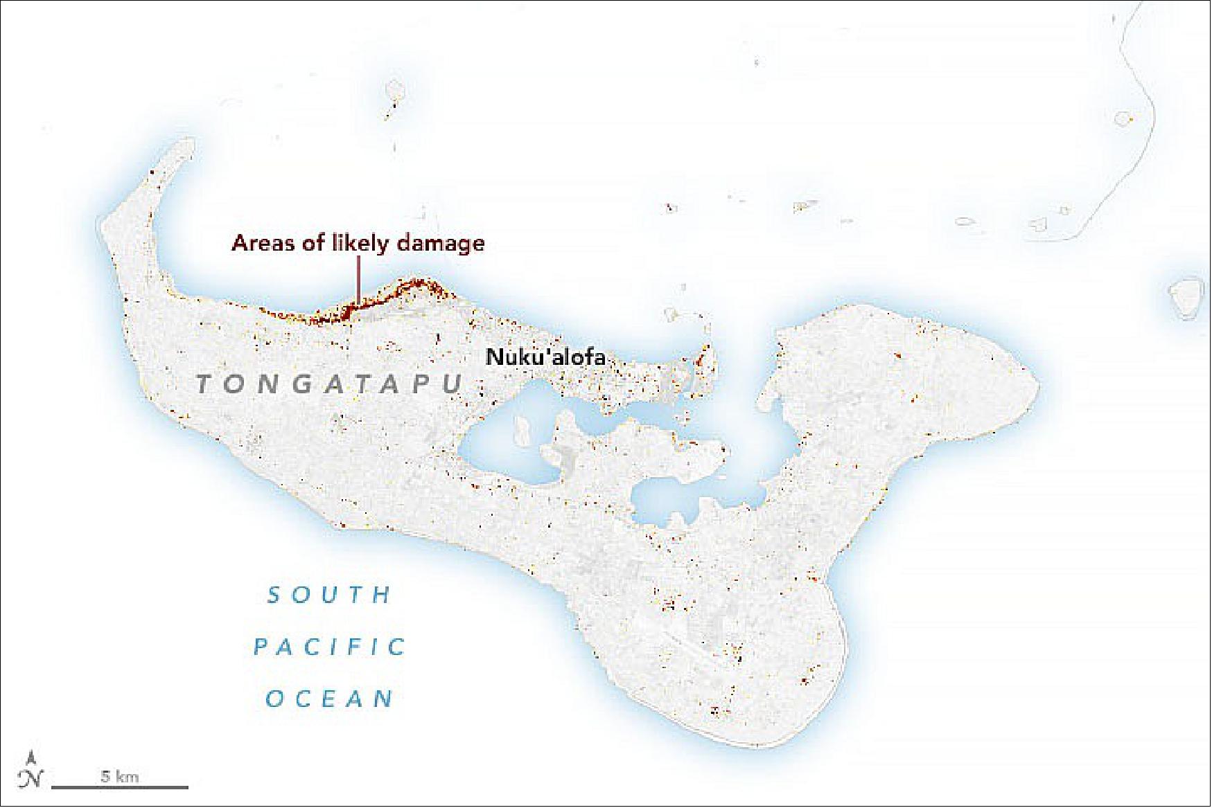 Figure 85: This damage proxy map shows areas on Tongatapu that were likely damaged by the eruption and tsunami. Dark red pixels represent the most severe damage, while orange and yellow areas are moderately or partially damaged. Each colored pixel represents an area of 30 meters by 30 meters. Researchers from the The Earth Observatory of Singapore - Remote Sensing Lab (EOS-RS) made the maps by comparing a post-eruption satellite radar image from January 22, 2022, with pre-eruption images from March 2019 and March 2020 (image credit: NASA Earth Observatory)