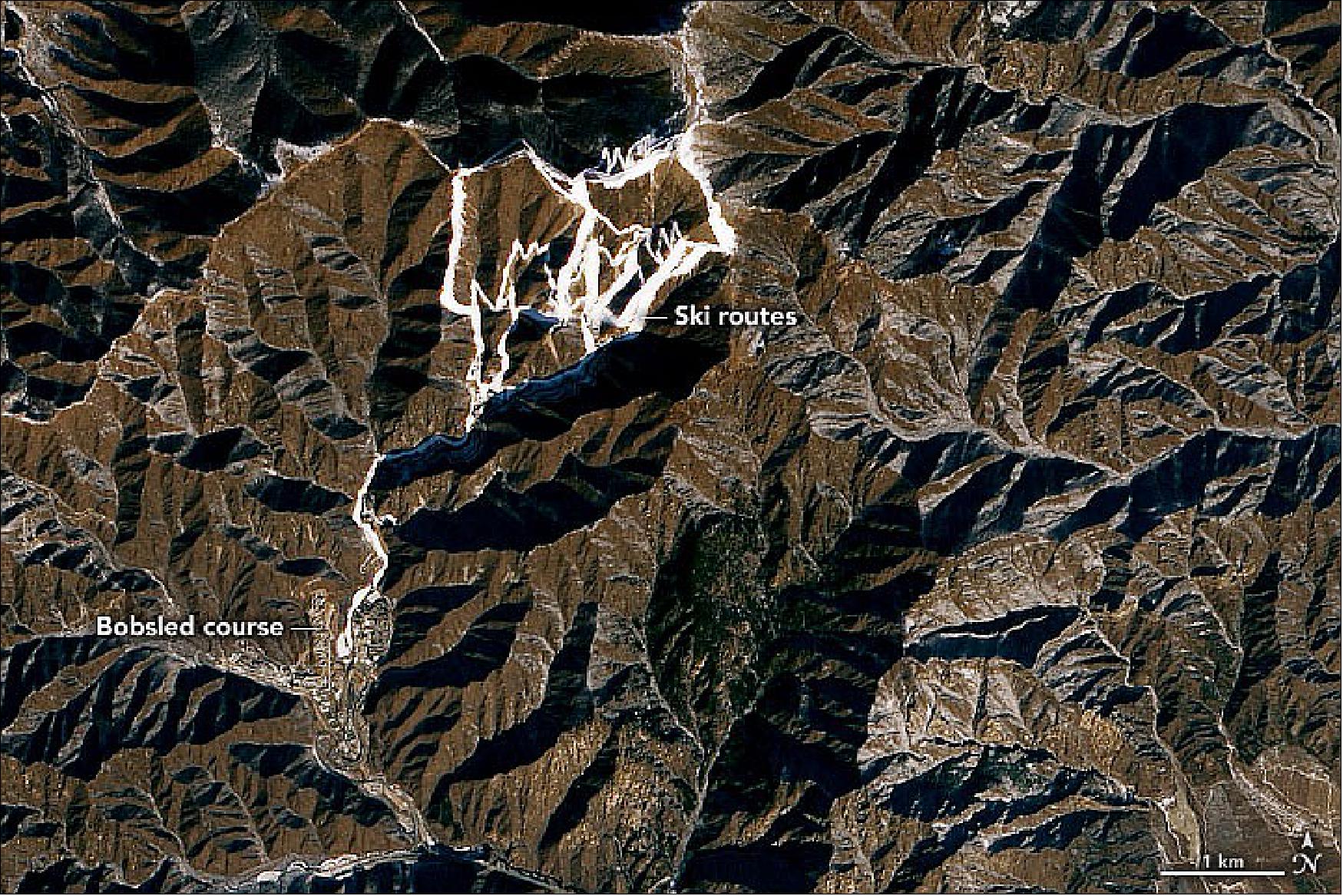 Figure 82: The third cluster of venues is centered in Zhangjiakou, a mountainous area even farther to the northwest of Beijing. Though the inclines are not as steep as in Yanqing, the Zhangjiakou area receives more natural snow. Venues there will host the majority of ski and snowboarding events, including cross-country, nordic combined, freestyle, and biathlon. A newly constructed Beijing-Zhangjiakou intercity railway will transfer people between all three venues in about an hour (image credit: NASA Earth Observatory)
