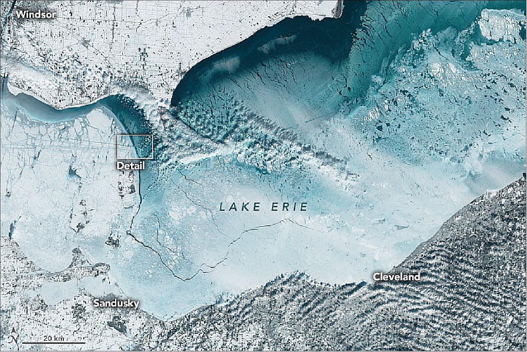 Figure 78: The images of Lake Erie were acquired by the OLI instrument on the Landsat 8 satellite on February 5. This image shows the boundary between Lake Erie’s shallower western basin and deeper central basin north of Sandusky Bay (image credit: NASA Earth Observatory images by Joshua Stevens, using Landsat data from the U.S. Geological Survey. Story by Sara E. Pratt)