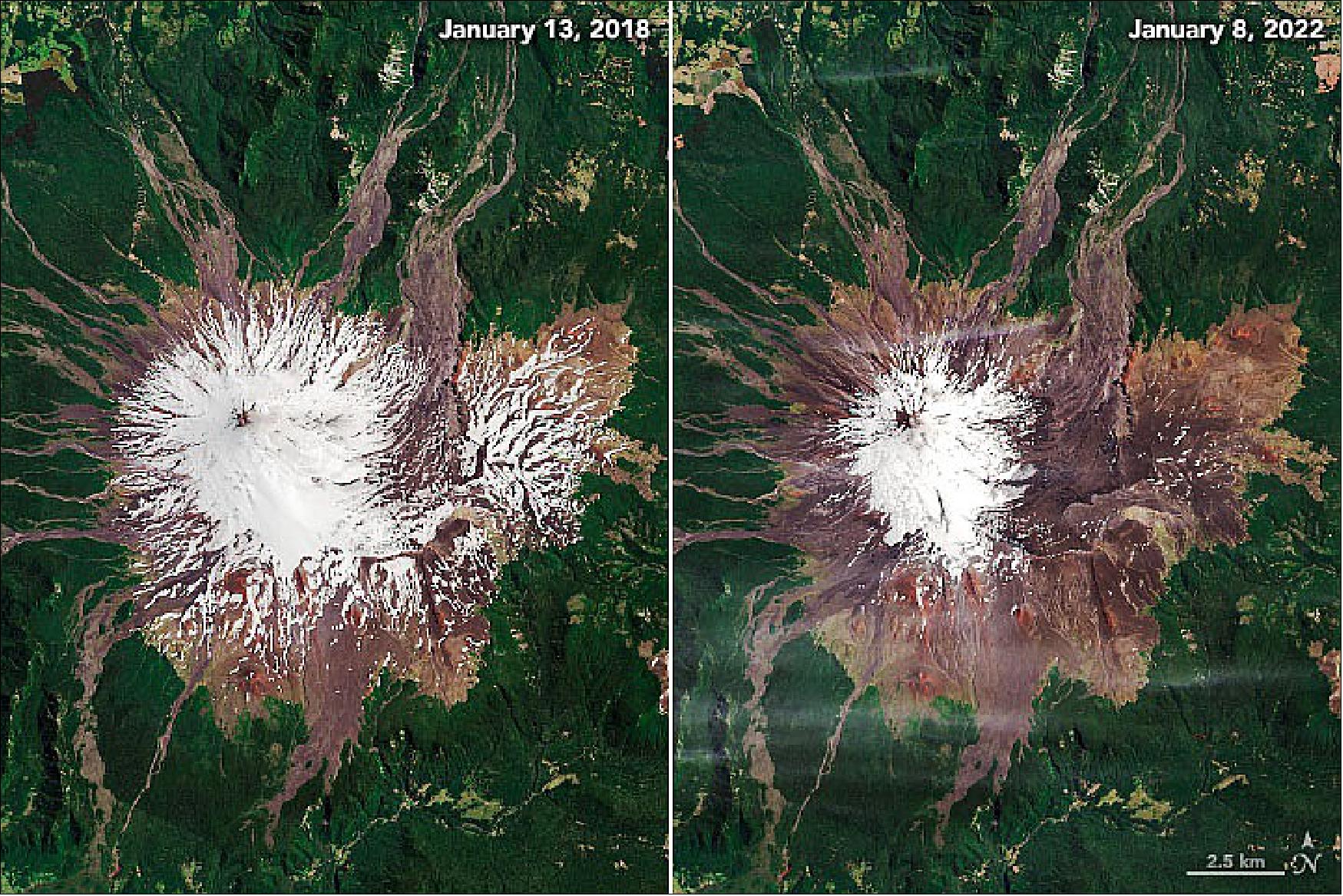 Figure 76: The reduced snow cover is apparent in these images, acquired with the Operational Land Imager (OLI) on Landsat-8 during the southern hemisphere’s summer. Notice that the extent of snow and ice in January 2022 appears much smaller compared to January 2018, which followed a year with more typical amounts of snowfall (image credit: NASA Earth Observatory images by Joshua Stevens, using Landsat data from the U.S. Geological Survey and data from the Level-1 and Atmosphere Archive & Distribution System (LAADS) and Land Atmosphere Near real-time Capability for EOS (LANCE). Story by Kathryn Hansen)