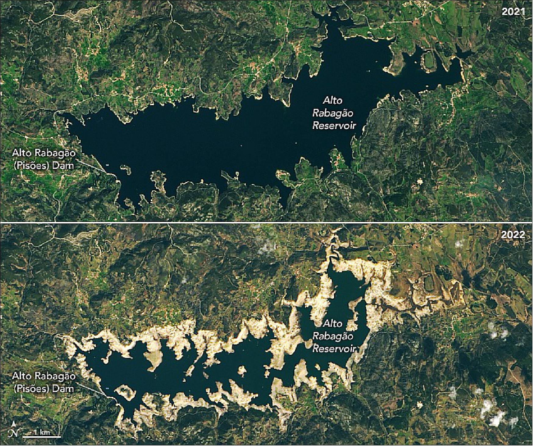 Figure 75: Water levels of the Alto Rabagão Reservoir on March 6, 2021 and February 5, 2022 (image credit: NASA Earth Observatory)
