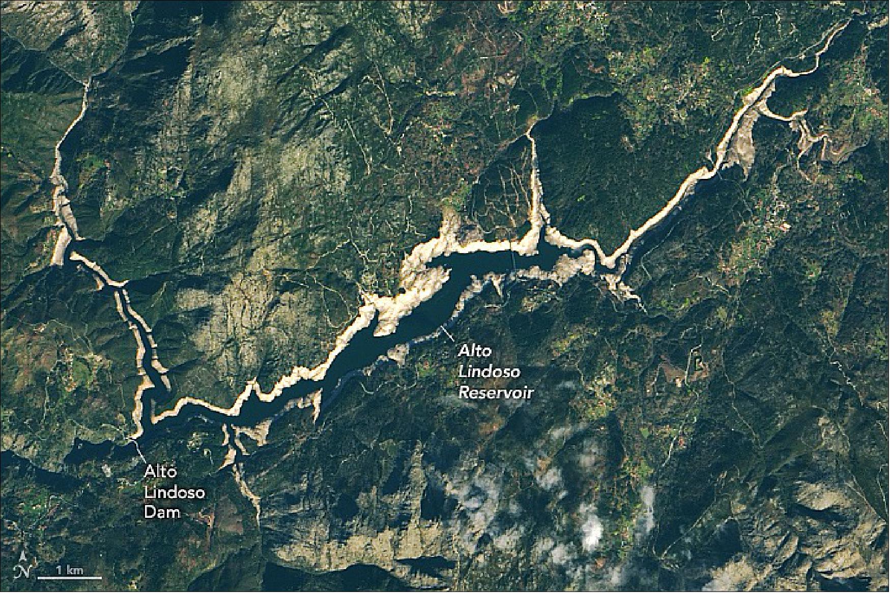 Figure 74: A dry spell has left some reservoirs at extreme lows, disrupting hydroelectricity generation and irrigation, and revealing a long-submerged village. OLI image of the reservoir on 5 February 2022 (image credit: NASA Earth Observatory)