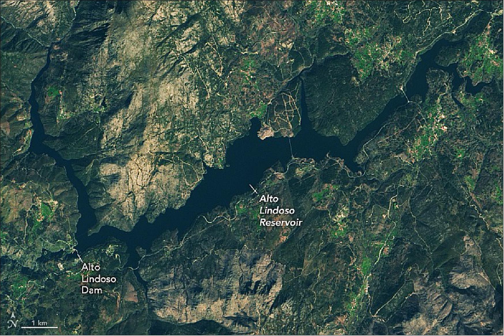 Figure 73: These pairs of images (Figures 73 & 74 and Figure 75) reveal the low water levels and exposed shorelines of the Alto Rabagão and Alto Lindoso reservoirs in northern Portugal. All images were acquired by the Operational Land Imager (OLI) on Landsat 8 on March 6, 2021, and February 5, 2022 (image credit: NASA Earth Observatory images by Lauren Dauphin, using Landsat data from the U.S. Geological Survey. Story by Sara E. Pratt)