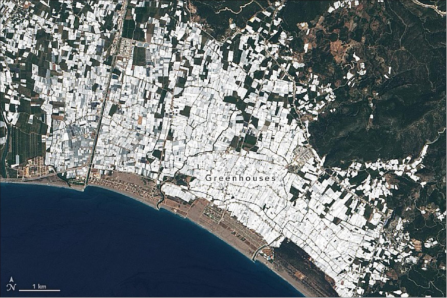 Figure 67: Detail image of the Kumluca greenhouses (image credit: NASA Earth Observatory)