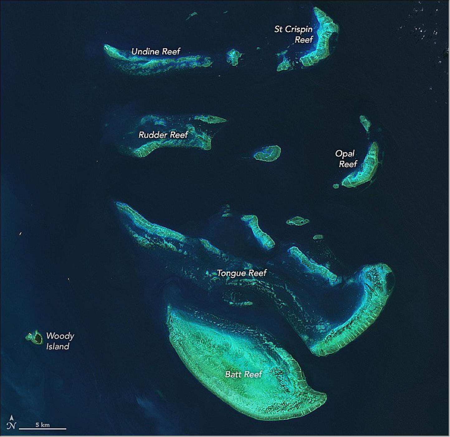 Figure 63: This image, acquired by the Operational Land Imager (OLI) on Landsat-8, shows an area of the reef just north of Cairns on August 22, 2020, a few months after the 2020 bleaching event ended and many corals were able to recover (image credit: NASA Earth Observatory)