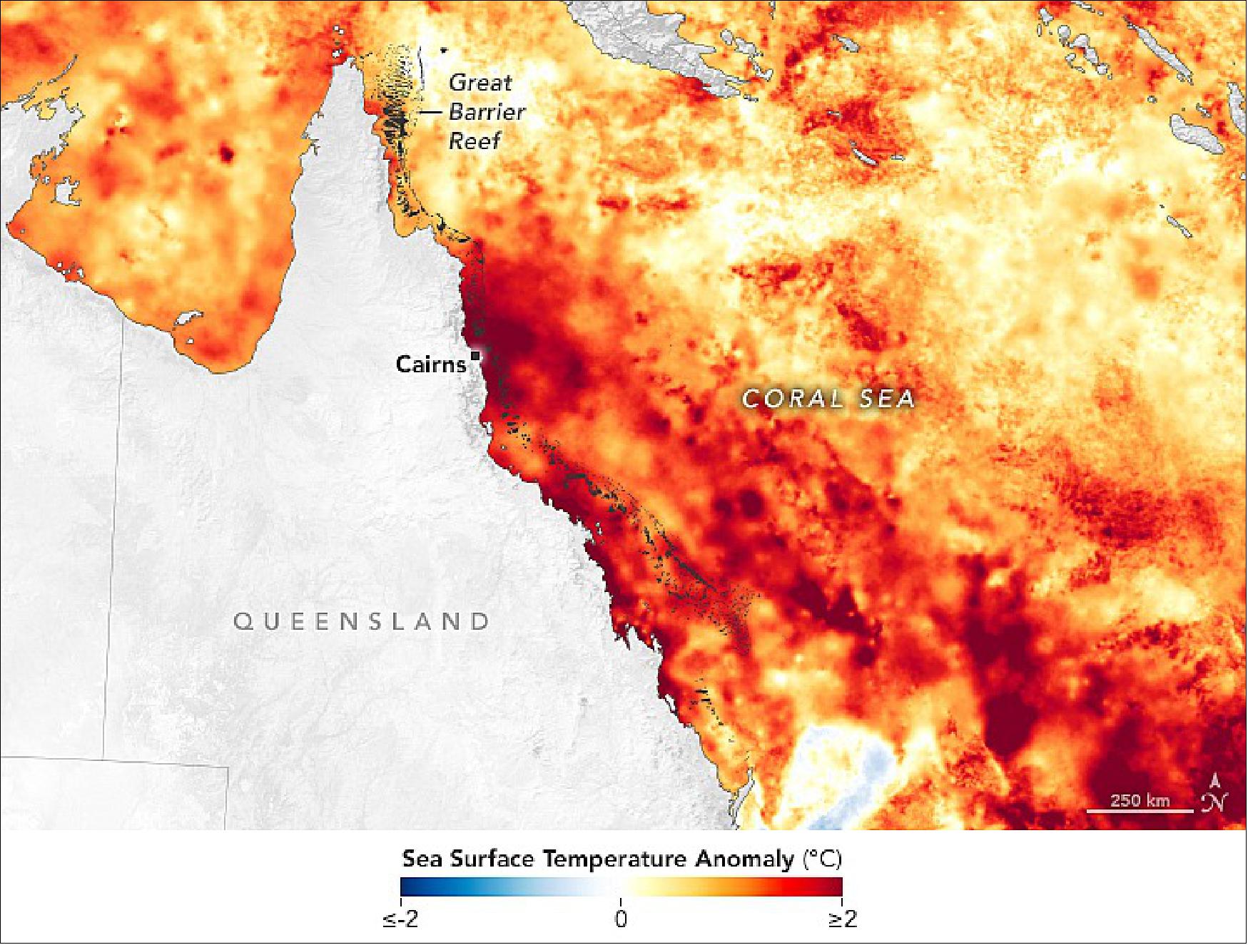 Figure 62: In early March 2022, water temperatures spiked and stayed high for several weeks, creating marine heatwave conditions. The map shows the SST anomalies off the northeast coast of Australia on March 14, 2002, when many areas were more than 2°C (3.6°F) warmer than normal. (Rather than showing absolute temperature, the anomaly reflects the difference between the daily SST and the 12-year average SST from 2003 through 2014.), [image credit: NASA Earth Observatory images by Lauren Dauphin, using data from the Multiscale Ultrahigh Resolution (MUR) project, reef information from the Great Barrier Reef Marine Park Authority (GBRMPA) and Landsat data from the U.S. Geological Survey. Story by Sara E. Pratt]