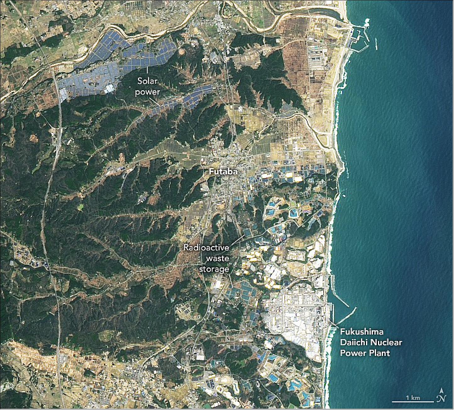 Figure 60: The OLI instrument of Landsat-8 acquired these natural-color image of the region on March 31, 2021. For comparison, the other image (Figure 59) shows the same area in April 2014. Some of the most prominent solar installations are located near the towns of Futaba and Tomioka (Figure 61), image credit: NASA Earth Observatory