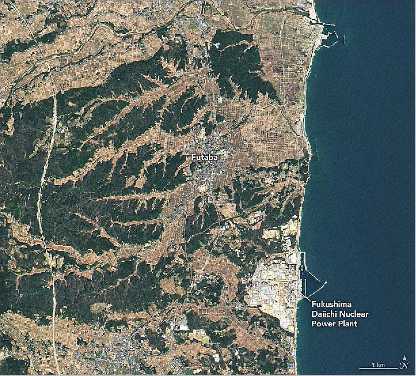 Figure 59: A Landsat-8 image of Fukushima on 13 April 2014, three years after the tsunami event in March 2011 (image credit: NASA Earth Observatory)