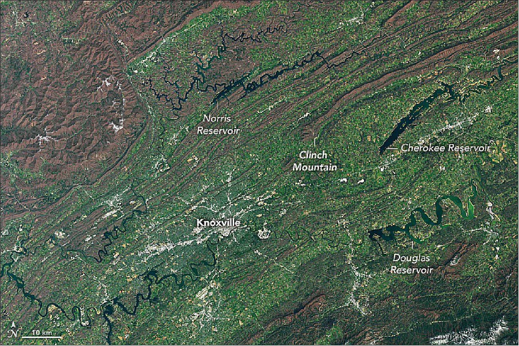 Figure 55: Spring has arrived across the Southern Appalachians and Mid-Atlantic. On April 10, 2022, the Operational Land Imager (OLI) on Landsat-8 captured this natural-color scene of the area around Knoxville, Tennessee (image credit: NASA Earth Observatory image by Lauren Dauphin, using Landsat data from the U.S. Geological Survey. Story by Adam Voiland)