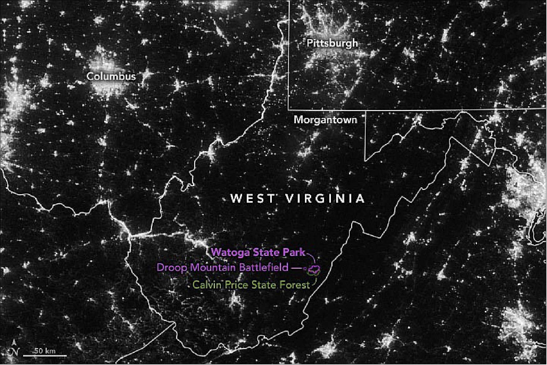 Figure 33: The remoteness of the area is evident in this nighttime image, which shows the pattern of human settlement across West Virginia. The image was acquired on April 24, 2022, with the Visible Infrared Imaging Radiometer Suite (VIIRS) on the Suomi NPP satellite. The image comes from the VIIRS “day-night band,” which detects light in a range of wavelengths from green to near-infrared and uses filtering techniques to observe signals such as auroras, city lights, and reflected moonlight (image credit: NASA Earth Observatory images by Joshua Stevens, using VIIRS day-night band data from the Suomi National Polar-orbiting Partnership and Landsat data from the U.S. Geological Survey. Photograph by Jeff Ball. Story by Kathryn Hansen)