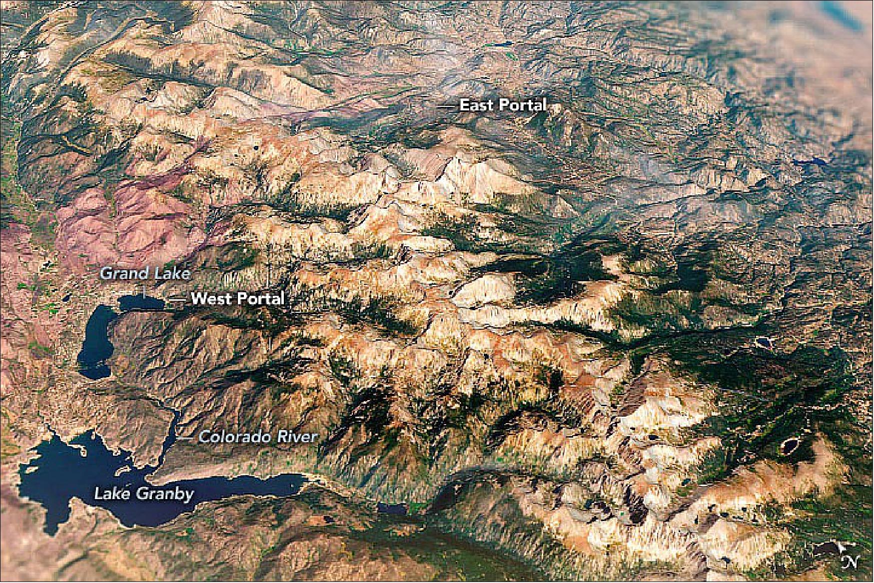 Figure 31: The portals are visible in this image, which was acquired on September 2, 2021, with the Operational Land Imager (OLI) on Landsat 8 and overlain with topographic data from the Shuttle Radar Topography Mission (SRTM) [image credit: NASA Earth Observatory images by Joshua Stevens, using Landsat data from the U.S. Geological Survey and topographic data from the Shuttle Radar Topography Mission (SRTM). Story by Sara E. Pratt]