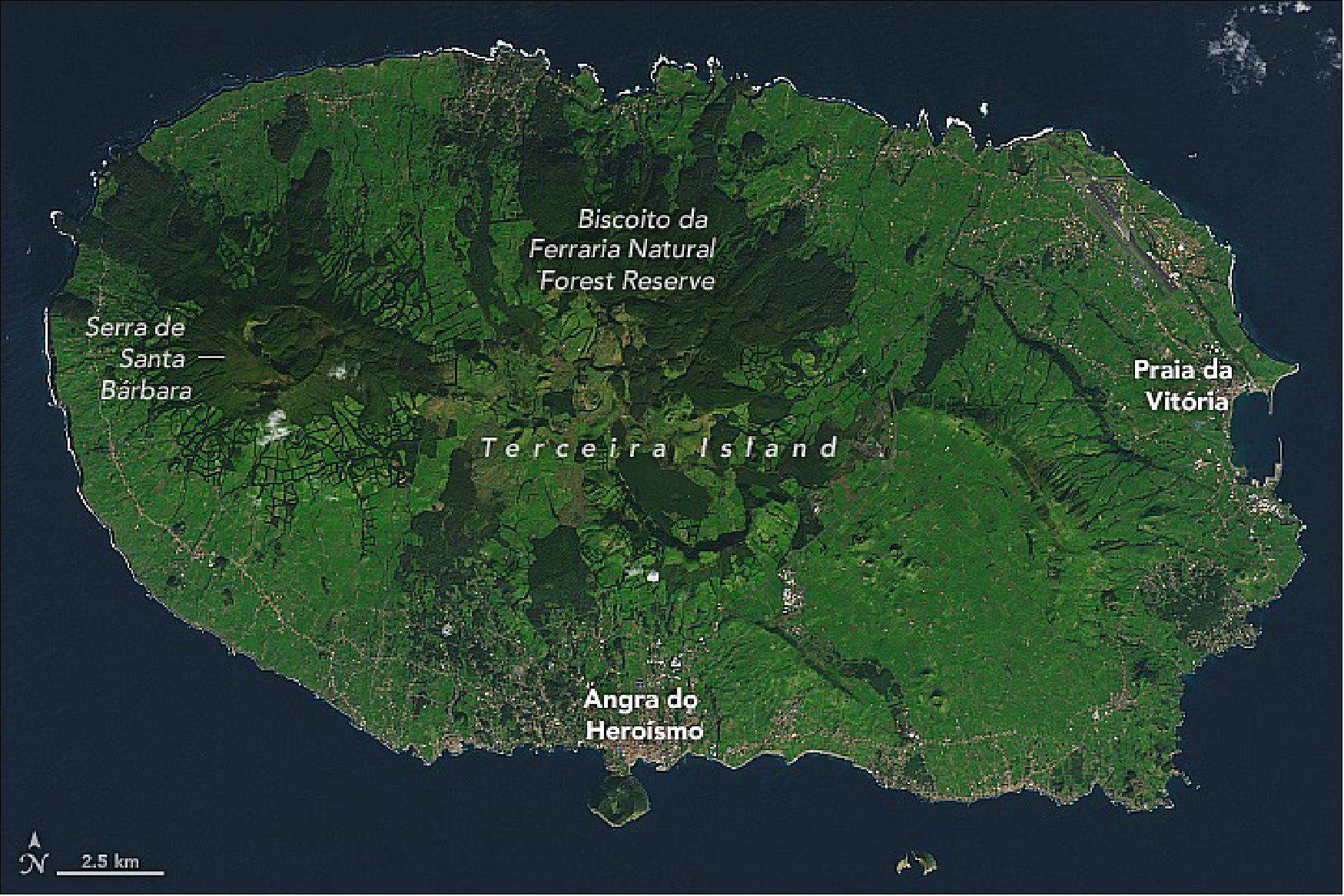 Figure 27: The rift passes through the island of Terceira, shown in the above image, which was acquired on January 3, 2020, by the Operational Land Imager (OLI) on Landsat 8. This 400 km2 island in the central Azores first formed about 400,000 years ago. At the western end, Serra de Santa Bárbara rises to the island’s highest point at 1,021 meters (3,350 feet) above sea level (image credit: NASA Earth Observatory images by Lauren Dauphin, using Landsat data from the U.S. Geological Survey. Story by Sara E. Pratt)