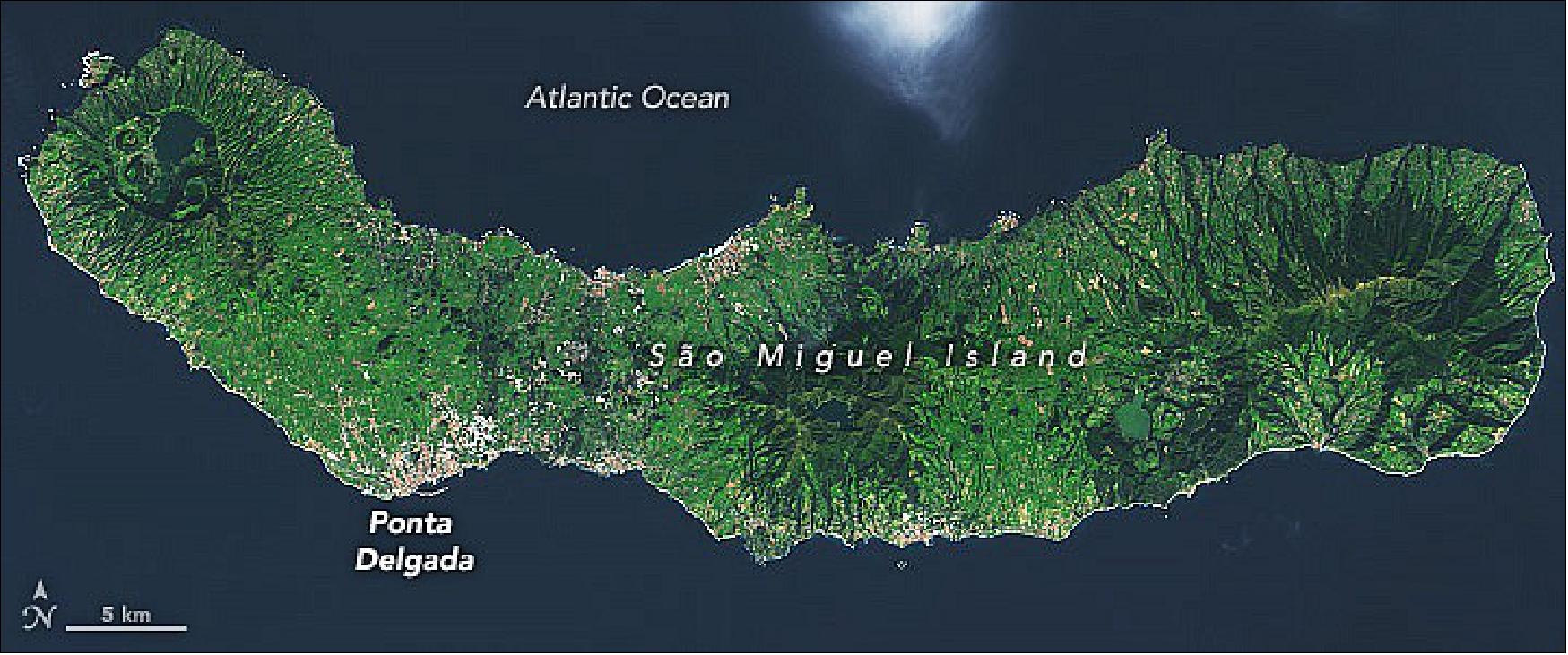 Figure 19: The most volcanically active island is São Miguel, shown in these images acquired on December 9, 2018, by the Operational Land Imager (OLI) on Landsat-8 (image credit: NASA Earth Observatory images by Lauren Dauphin, using Landsat data from the U.S. Geological Survey. Story by Sara E. Pratt)
