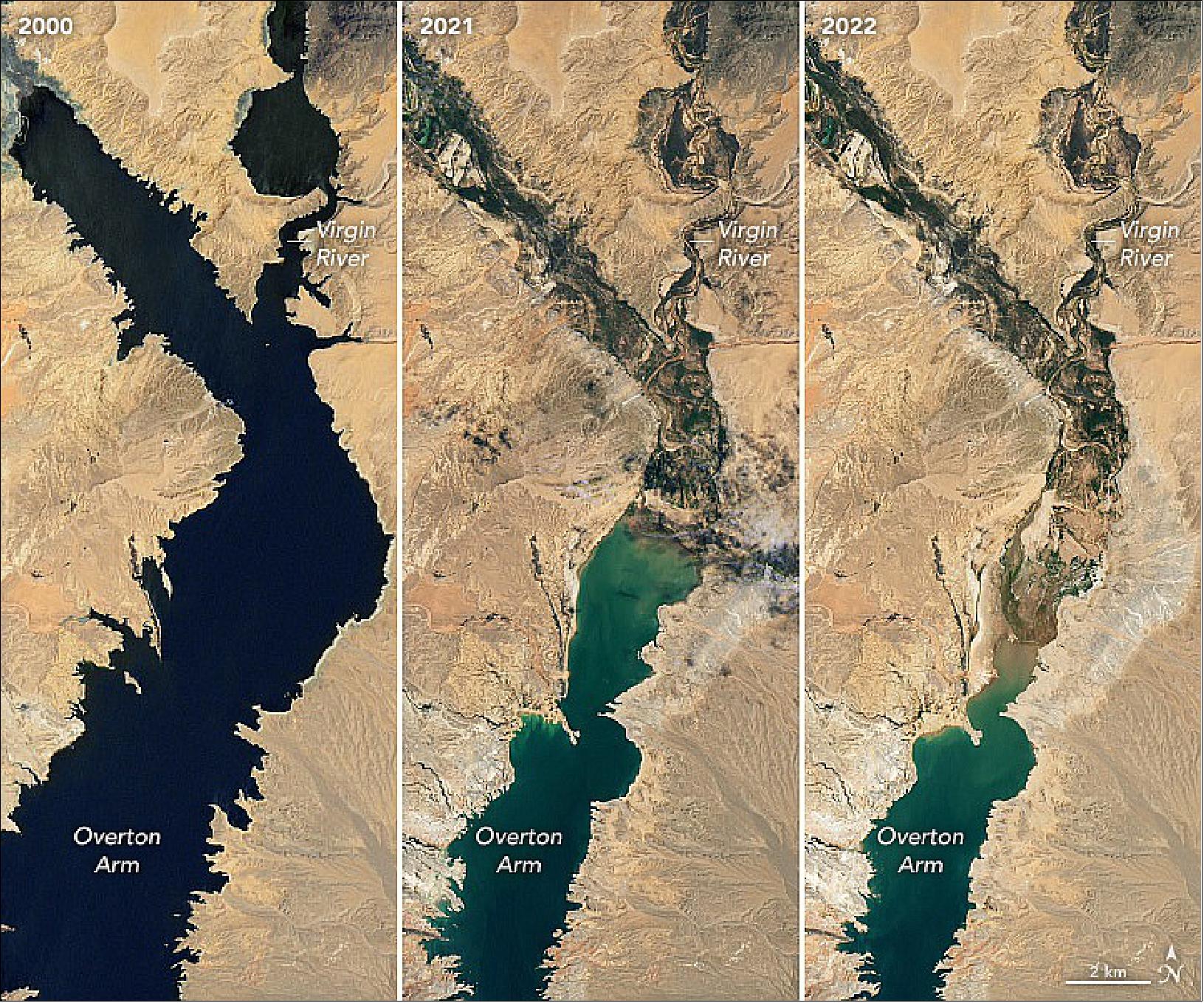 Figure 15: These detailed images also include a view from Landsat 8 on July 8, 2021 (middle). The light-colored fringes along the shorelines in 2021 and 2022 are mineralized areas of the lakeshore that were formerly underwater when the reservoir was filled closer to capacity. The phenomenon is often referred to as a “bathtub ring.” (image credit: NASA Earth Observatory)
