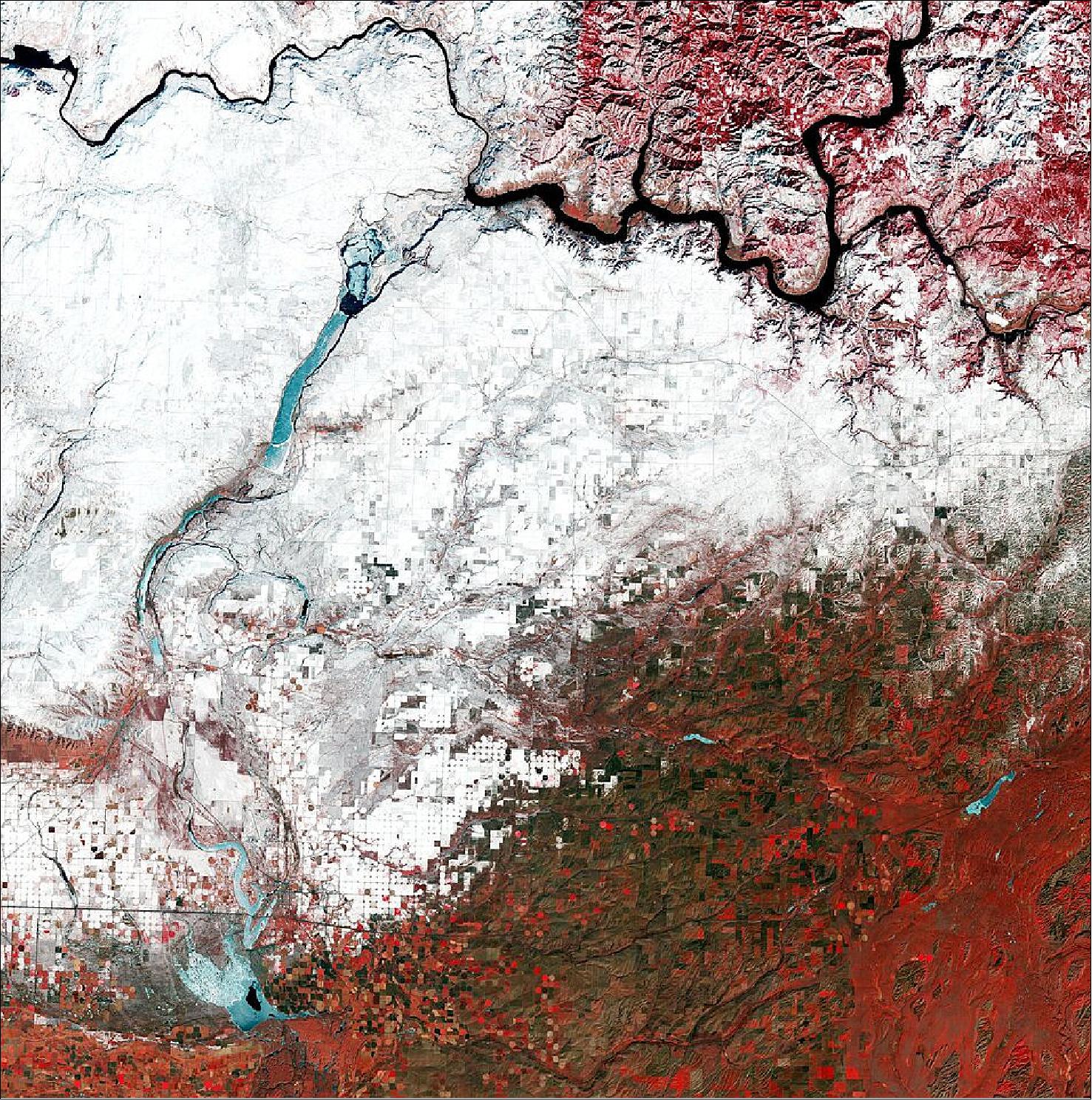 Figure 40: This false-colour image, captured on 12 February 2022 by Landsat-9, has been processed using the satellite’s near-infrared channel. This channel is frequently used to highlight vegetation, which is particularly evident in the lower half of the image. Fields that are currently cultivated can be seen in bright red, while unvegetated areas appear in green and brown. Circular shapes, predominantly in the bottom-left, are centre-pivot irrigation fields – where equipment rotates around a central pivot and crops are watered with sprinklers. Washington is a leading agricultural state, with the top crops being apples, milk, potatoes and wheat. This image is also featured on the Earth from Space video programme (image credit: USGS/NASA Landsat/ESA)