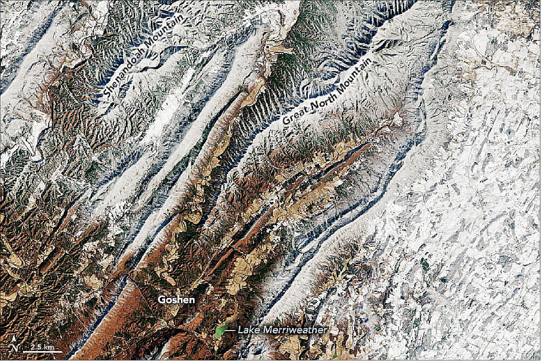 Figure 38: This image, acquired on February 15, 2022, by the Operational Land Imager-2 (OLI-2) on Landsat 9, shows the snowy ridges and valleys in western Virginia (image credit: NASA Earth Observatory images by Joshua Stevens, using Landsat data from the U.S. Geological Survey. Story by Kathryn Hansen)