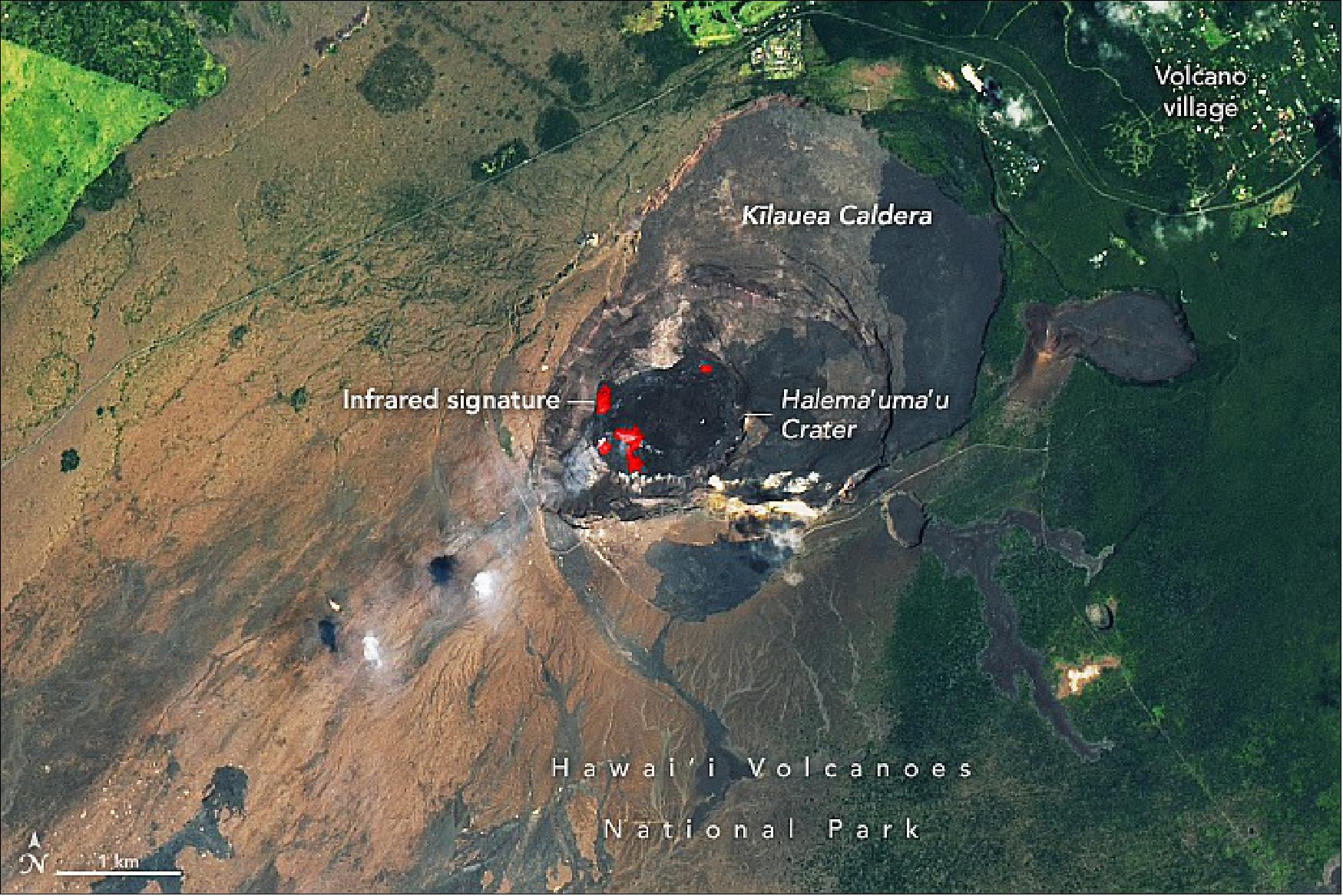 Figure 31: The image was acquired on April 15, 2022, by the Operational Land Imager-2 (OLI-2) on Landsat 9. The image includes a combination of visible and infrared light (bands 6-5-3), which helps distinguish the heat signature of the lava (image credit: NASA Earth Observatory image by Lauren Dauphin, using Landsat data from the U.S. Geological Survey. Story by Sara E. Pratt)
