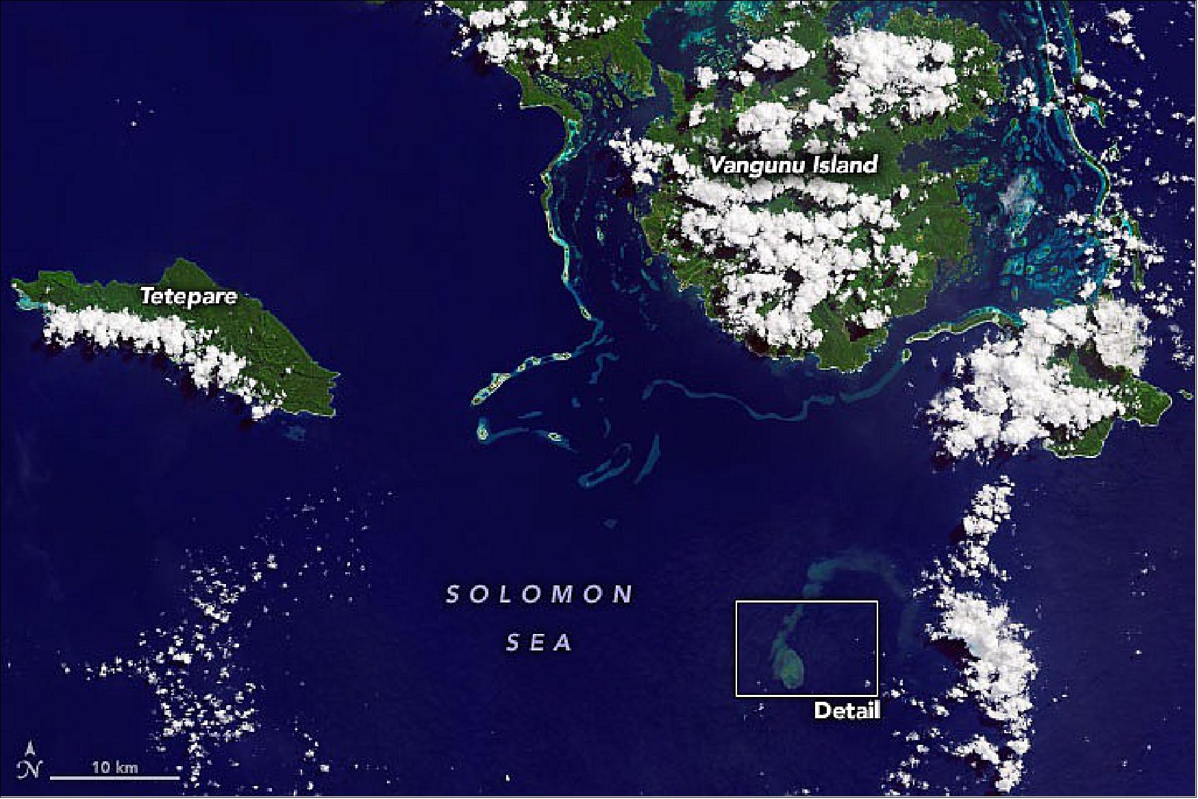 Figure 30: Kavachi Volcano in the Southwest Pacific Solomon Islands—where hammerhead sharks prowl—has entered an active phase of eruption (image credit: NASA Earth Observatory)