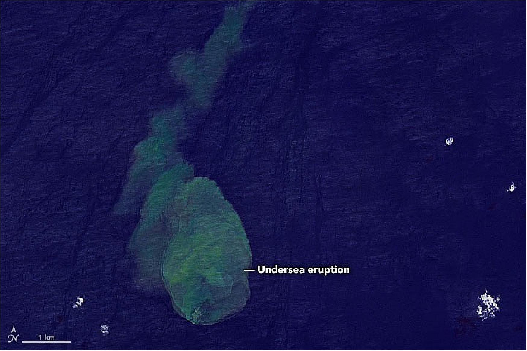 Figure 29: The detail image, acquired on May 14, 2022, by the Operational Land Imager-2 (OLI-2) on Landsat 9, shows a plume of discolored water being emitted from the submarine volcano, which lies about 24 km (15 miles) south of Vangunu Island (image credit: NASA Earth Observatory images by Joshua Stevens, using Landsat data from the U.S. Geological Survey. Story by Sara E. Pratt)
