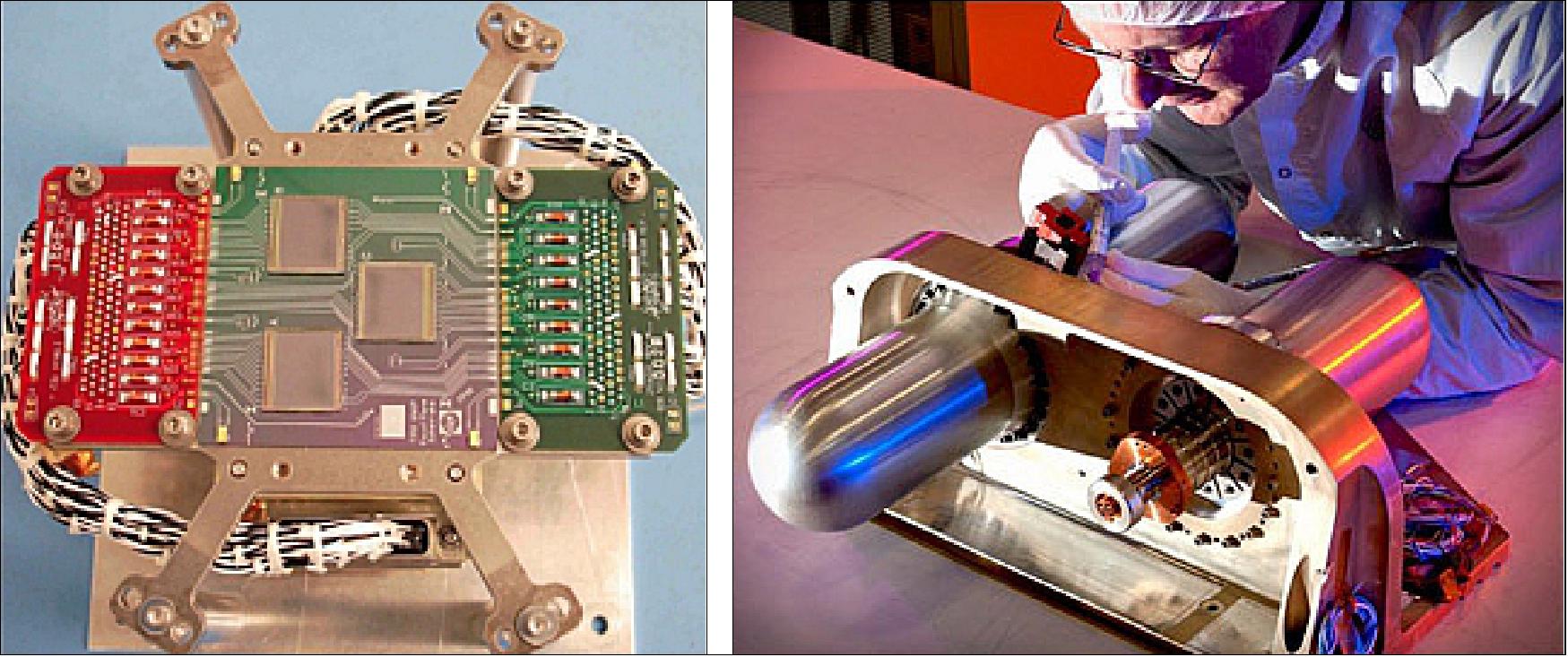 Figure 56: Left: The TIRS-2 focal plane: the 3 squares in the center of the circuit board are QWIPs. Each QWIP can measure 327,680 pixels. The QWIPs on TIRS-2 will detect two narrow segments of the thermal infrared spectrum. Right: The TIRS-2 cryocooler will look like the one above (image credit: NASA)