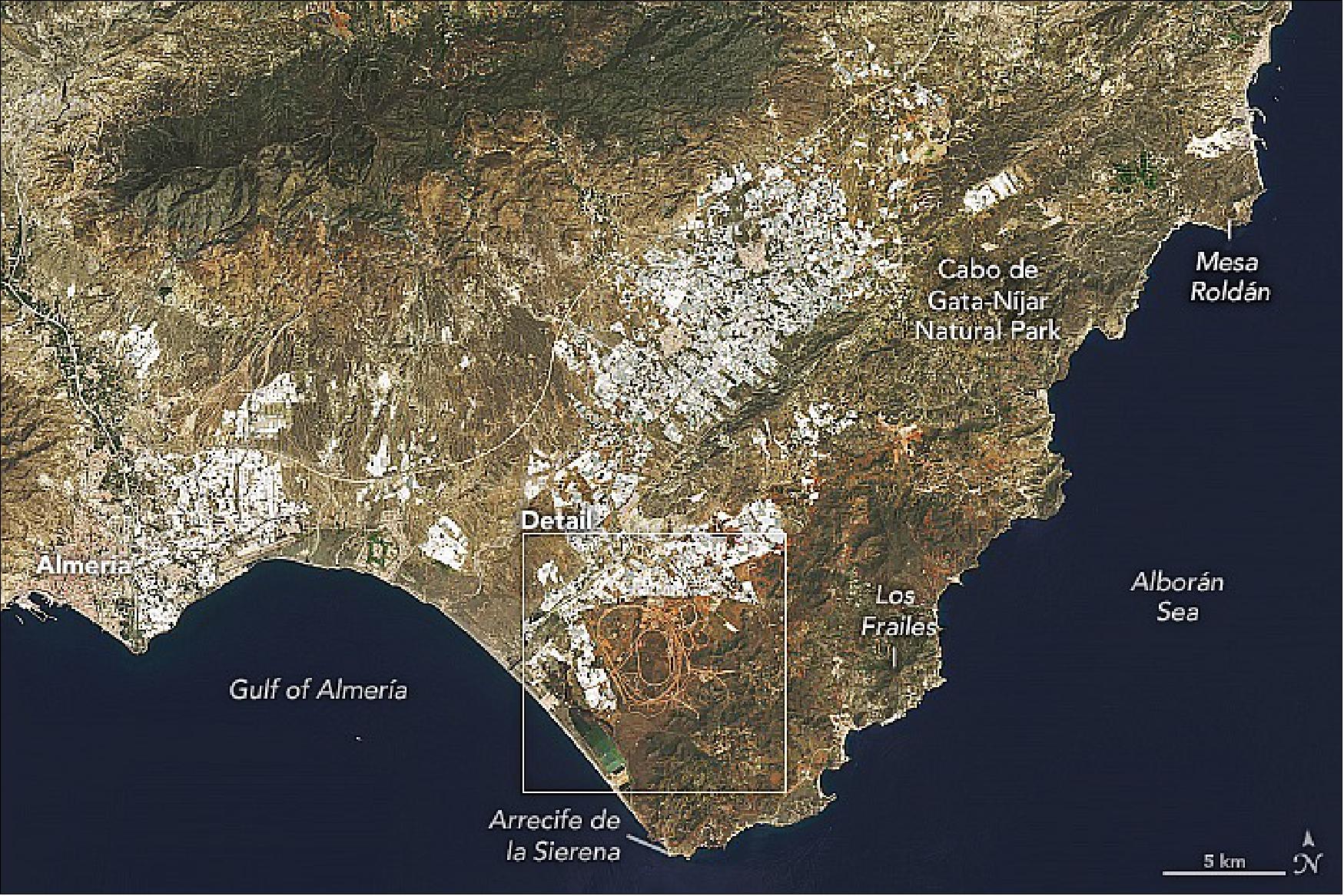 Figure 25: The OLI-2 instrument on Landsat-9 acquired this image on May 17, 2022. The wide view shows the city of Almería on the coast of Andalusia. The Tabernas Desert lies to the north, in the rain shadow of a mountain ridge, and Cabo de Gata-Níjar Natural Park is to the east along the coast of the Alborán Sea. (image credit: NASA Earth Observatory images by Lauren Dauphin, using Landsat data from the U.S. Geological Survey. Story by Kathryn Hansen)