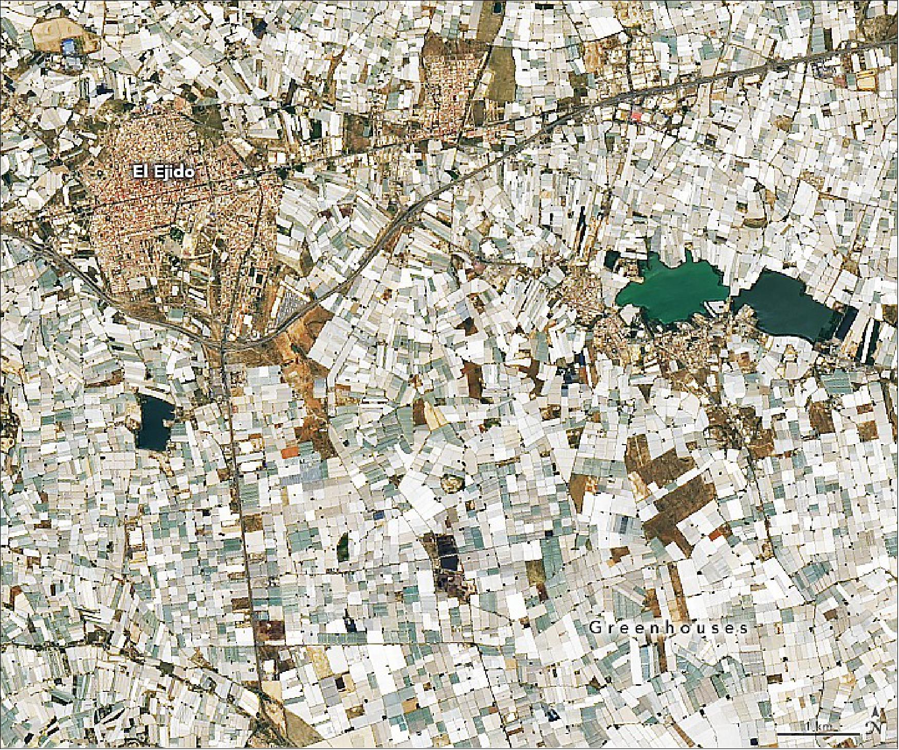 Figure 17: On 24 May 2022, OLI-2 on Landsat-9 captured these natural-color images of a sea of plastic greenhouses around the town of El Ejido. The town sits on a small coastal plain called Campo de Dalías, which has one of the highest concentrations of greenhouses in the world (image credit: NASA Earth Observatory images by Lauren Dauphin, using Landsat data from the U.S. Geological Survey. Story by Adam Voiland)