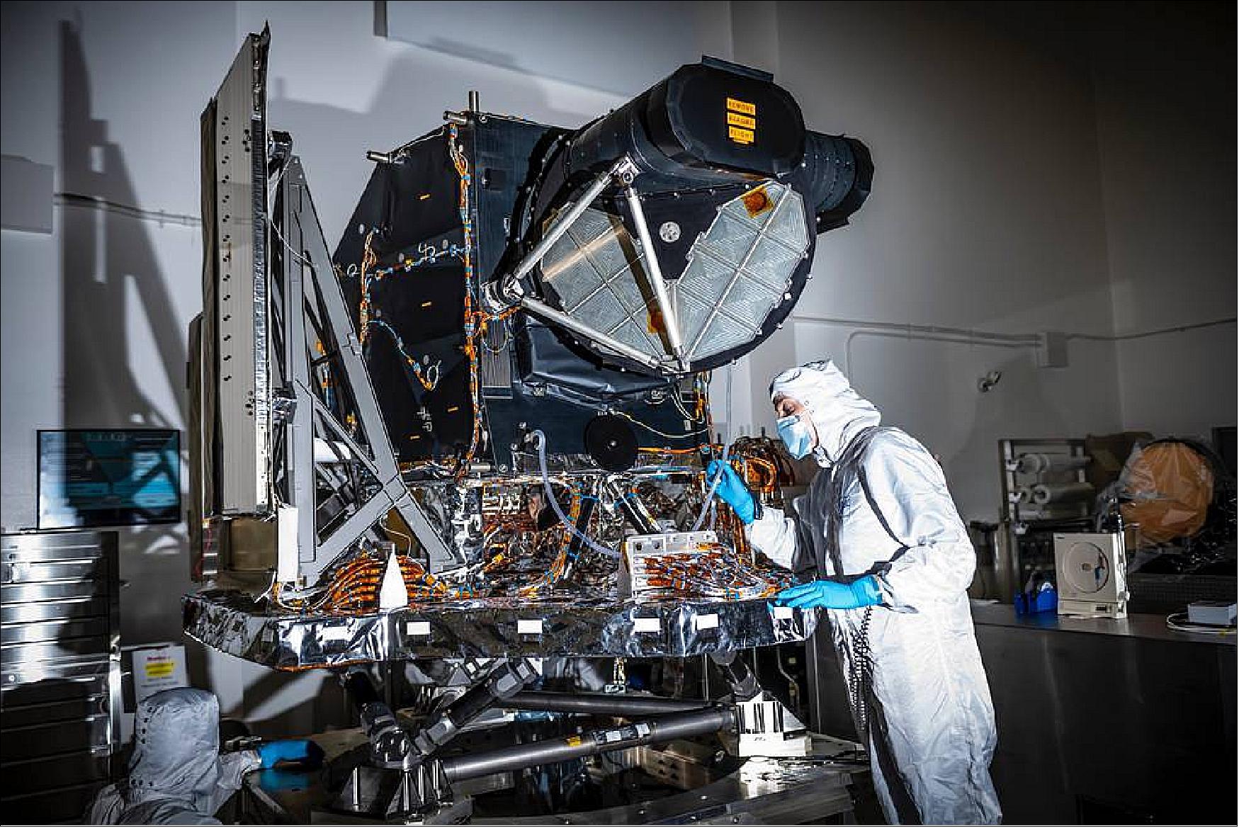 Figure 6: OLI-2 is shown in this photo at Ball Aerospace in Boulder, Colorado, where it was built and tested. On Sept. 18 it was trucked from Boulder to the Northrop Grumman facility in Gilbert, Arizona, arriving the next day. At Northrop Grumman, engineers will assemble and then test the complete Landsat 9 spacecraft with OLI-2 and another instrument, TIRS-2 (Thermal Infrared Sensor-2), which was built at NASA’s Goddard Space Flight Center in Greenbelt, Maryland (image credit: Ball Aerospace, Alex Turner)
