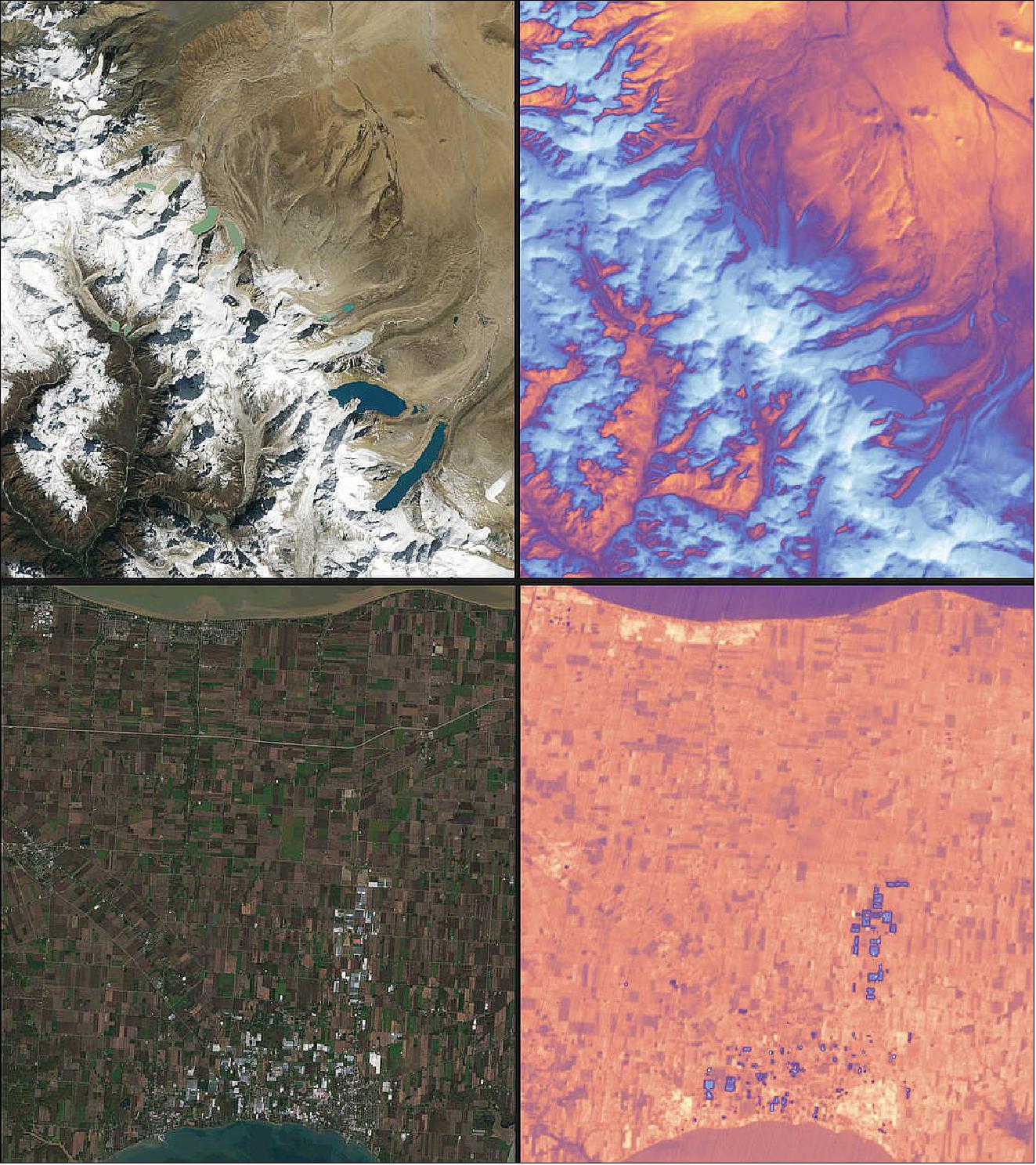 Figure 50: Landsat 9 carries two instruments designed to work together to capture a broad range of wavelengths: OLI-2 (Operational Land Imager-2), which detects nine different wavelengths of visible, near-infrared and shortwave-infrared light; and TIRS-2 (Thermal Infrared Sensor-2), which detects two wavelengths of thermal radiation to measure slight changes in temperature. Data from both instruments are shown in the two pairs in this image. — The top left shows snow and glaciers in the Himalayan mountains, leading to the flat Tibetan Plateau to the north. The top right shows the same area in thermal data from the TIRS-2 instrument. Blue-white color indicates relatively cooler surface temperatures, while orange-red indicates warmer surface temperatures. — The bottom left shows the brown and green rectangles of farm fields in southern Ontario, sandwiched between Lake Erie and Lake St. Clair. The white and grey rectangles in the bottom of the image are produce greenhouses, which show up as blue-ish (relatively cooler) spots in the TIRS-2 image on the right (image credit: NASA/USGS)