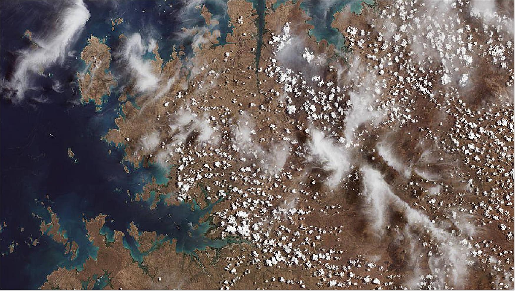 Figure 48: The first image collected by Landsat-9, on Oct. 31, 2021, shows remote coastal islands and inlets of the Kimberly region of Western Australia. In the top middle section of the image, the Mitchell River carves through sandstone, while to the left Bigge Island and the Coronation Islands stand out in the Indian Ocean. Australia is a major international partner of the Landsat-9 program, and operates one of the Landsat Ground Network stations in Alice Springs (image credit: NASA/USGS, Michael Bock)