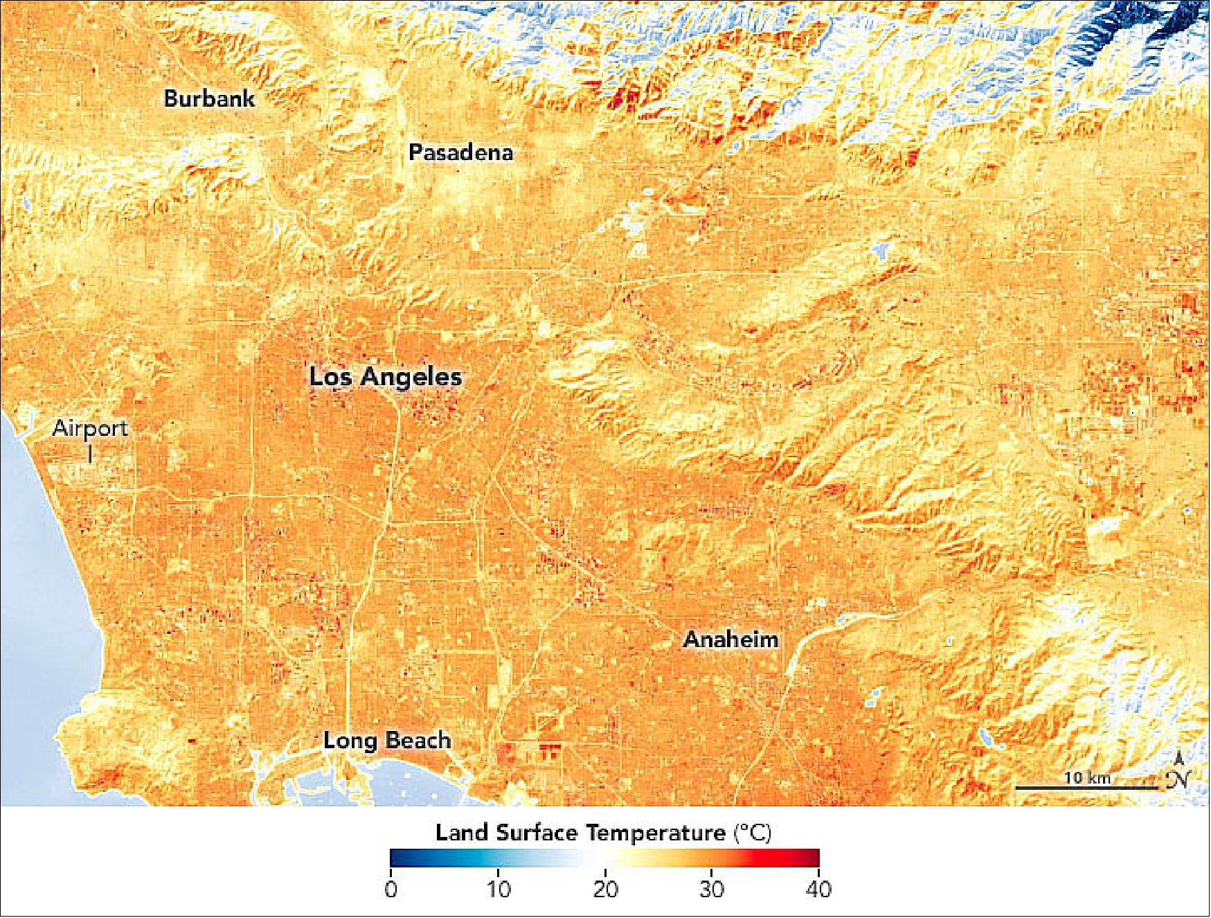 Figure 47: This image was acquired on February 7 with the TIRS-2 instrument on Landsat-9. It shows land surface temperatures just before a winter heat wave hit Southern California. Temperatures have been 15 to 20 degrees Fahrenheit (8º to 11º Celsius) above normal this week in many parts of California, and several towns and cities (including Burbank) set new daily temperature records in February. The National Weather Service declared a heat advisory for February 9–13. Some forecasters are suggesting this Super Bowl could see some of the warmest game-time temperatures on record (image credit: NASA Earth Observatory)