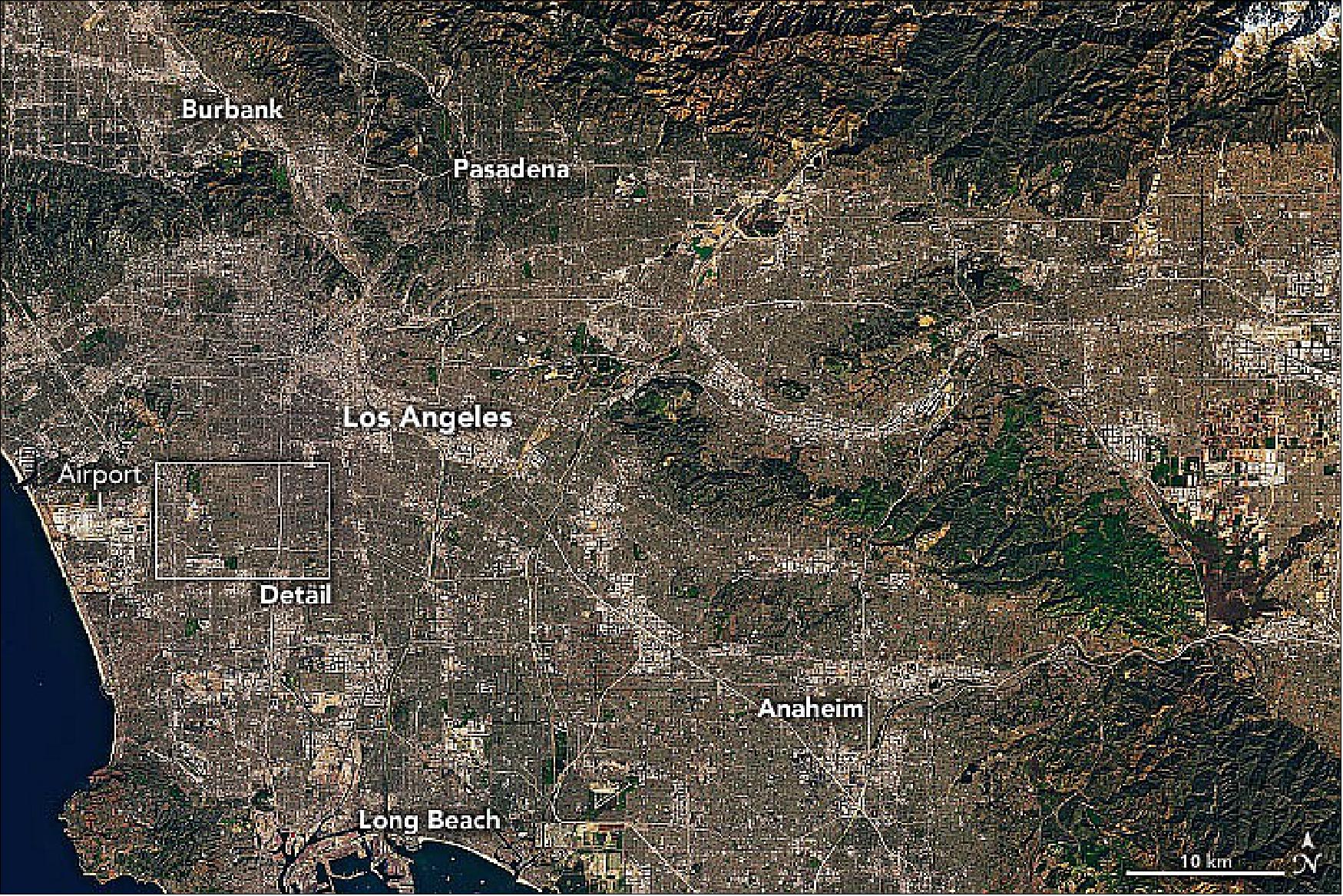 Figure 45: On February 7, 2022, the Operational Land Imager-2 (OLI-2) on Landsat-9 acquired these natural-color views of the Los Angeles area. The Super Bowl, the championship of American football, will be played in SoFi Stadium in Inglewood, California. It will be the eighth time the Los Angeles area has hosted the Super Bowl, but the first since 1993 (image credit: NASA Earth Observatory images by Joshua Stevens, using Landsat data from the U.S. Geological Survey. Story by Michael Carlowicz)