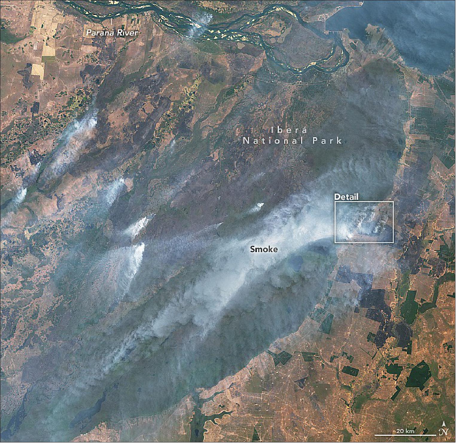 Figure 43: The images, acquired by the Operational Land Imager-2 (OLI-2) on Landsat-9 on February 16, 2022, show the scorched fields and heavy smoke from the multiple wildfires still burning near Iberá National Park (image credit: NASA Earth Observatory images by Lauren Dauphin, using Landsat data from the U.S. Geological Survey. Story by Sara E. Pratt)