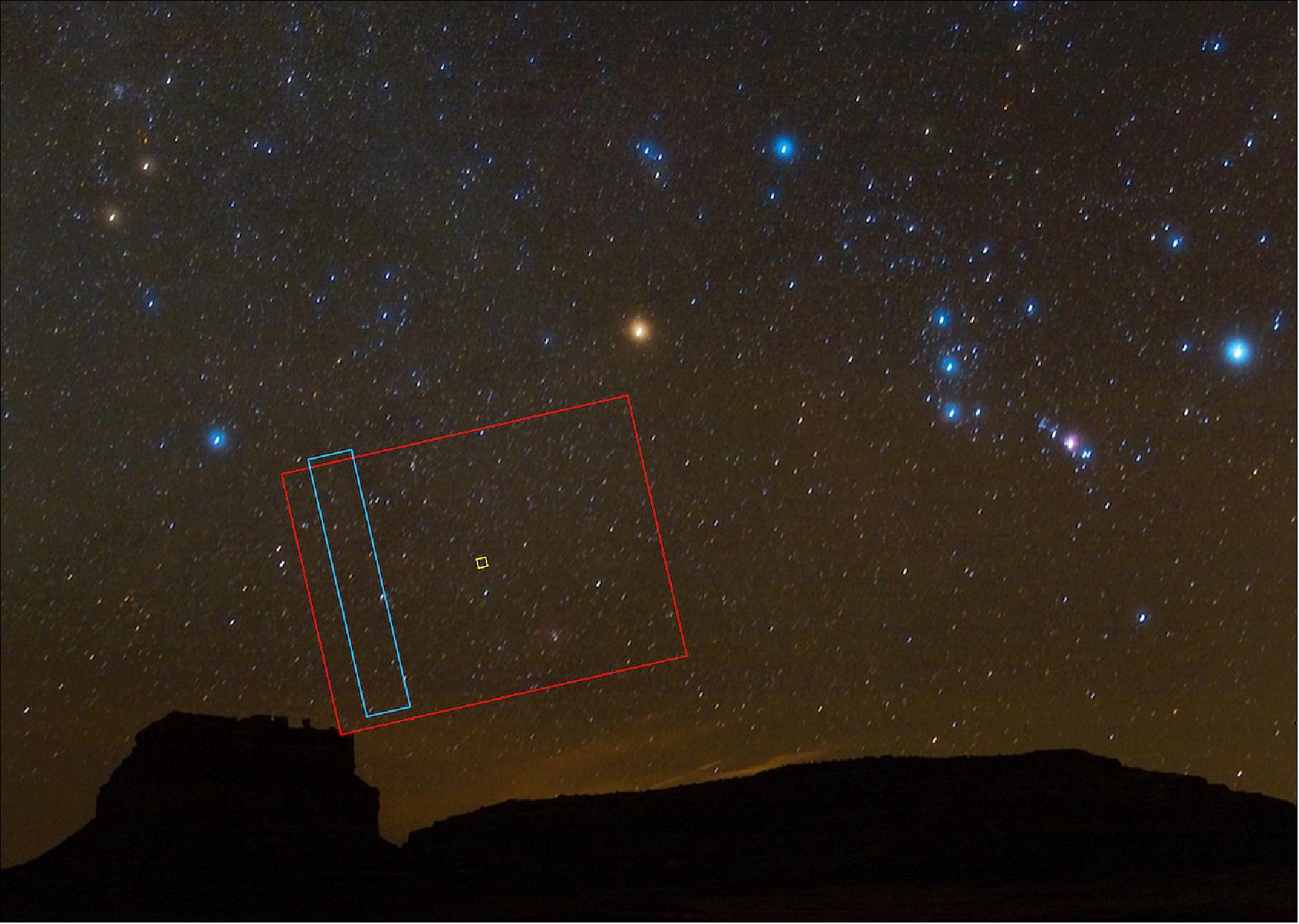Figure 23: For this selection of images, Lucy's Instrument Pointing Platform was pointed near the constellation Orion, and the T2CAM field included the Rosette Nebula. The red, blue, and yellow boxes indicate the frames of the T2CAM, MVIC, and L'LORRI images, respectively (image credit: SwRI; 2008 file photo of night sky as seen over Fajada Butte in New Mexico, courtesy National Parks Service)