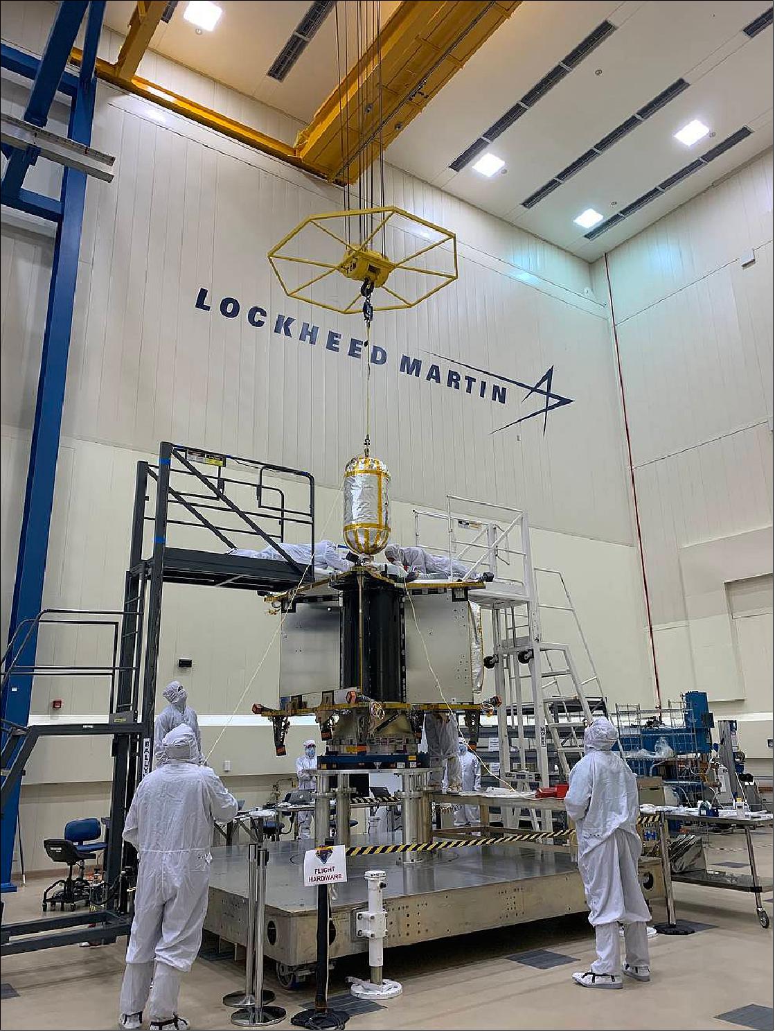 Figure 17: Engineers install Lucy's oxygen propellant tank into the spacecraft structure in a high-bay clean room at Lockheed Martin (image credit: Lockheed Martin Space)