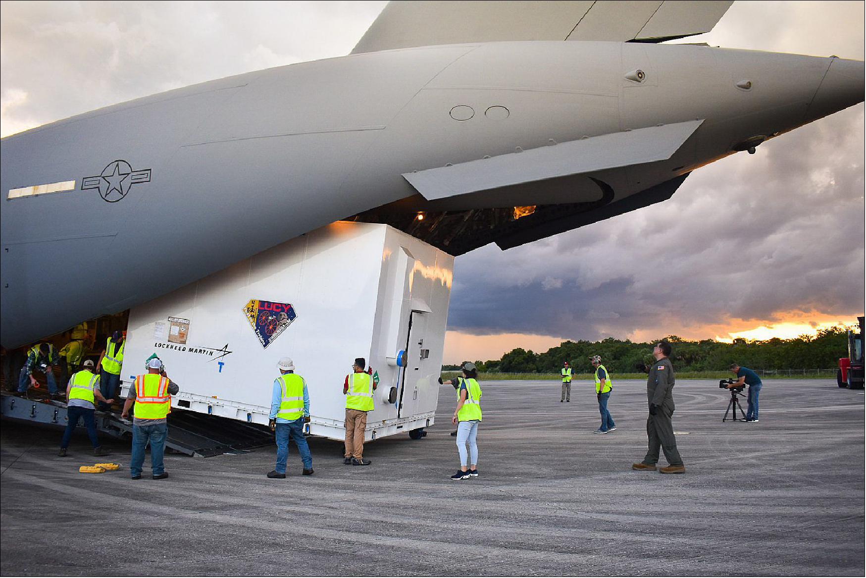 Figure 8: Lucy lands at Kennedy Space Center, Florida, July 30. It then headed out on a truck to its final destination in nearby Titusville, Astrotech Space Operations, to begin launch processing (image credit: Lockheed Martin)