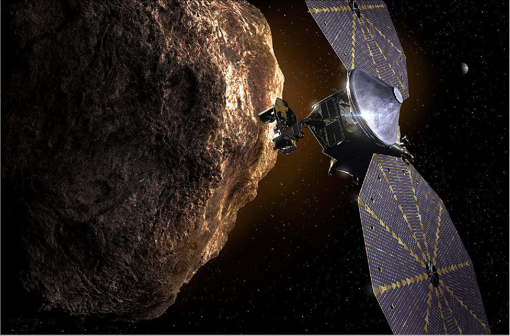 Figure 3: Artist's rendition of the Lucy spacecraft at a Trojan asteroid (image credit: NASA)