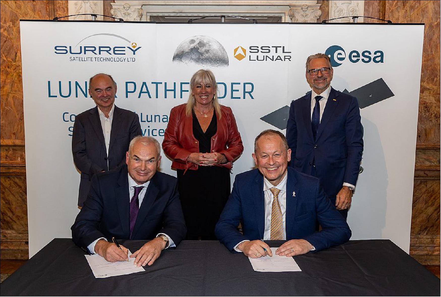 Figure 17: The Commercial Lunar Mission Support Services contract was signed between ESA’s Director of Human and Robotic Exploration, Dave Parker, and SSTL’s Managing Director, Phil Brownnett, on 15 September 2021 at The Royal Society in London. Amanda Solloway, UK Government Science Minister, Josef Aschbacher, ESA’s Director General, Paul Bate, Director of the UK Space Agency, and SSTL’s Executive Chairman, Sir Martin Sweeting were also in attendance (image credit: SSTL)