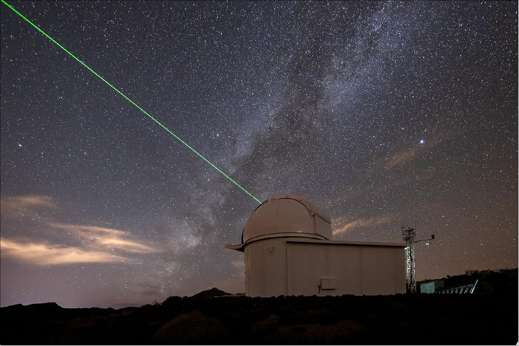 Figure 10: ESA's laser ranging station in Tenerife aims its green laser to the sky. ESA's IZN-1 laser ranging station on top of the Izaña mountain in Tenerife, Spain, has recently undergone months of testing and commissioning, passing its final tests with flying colours. As it reached ‘station acceptance’, it was handed over to ESA from the German company contracted to build it, DiGOS. The station is a technology test bed and a vital first step in making debris mitigation widely accessible to all space actors with a say in the future of our space environment. - IZN-1, developed and now operated by ESA is a test-bed for future technologies and was installed in mid-2021 at the Teide Observatory. The station, telescope and laser have undergone months of testing and commissioning and since July last year have aimed the laser beam of concentrated green light to the sky to actively detect, track and observe active satellites. - Currently, the laser light operates at 150mW but it will soon be upgraded to also track space debris on the basis of much more powerful infrared lasers with an average power of 50 W - .Currently, only satellites fitted with ‘retroreflectors’ can be tracked from ESA’s Izaña station, making up just a proportion of the total population,” explains Clemens Heese, Head of the Optical Technologies Section. - “The station will be upgraded in the next couple of years, enabling it to perform the same vital ‘ranging’ services with uncooperative targets – vitally, debris objects and older satellites fitted without retroreflecting patches.” (image credit: ESA)
