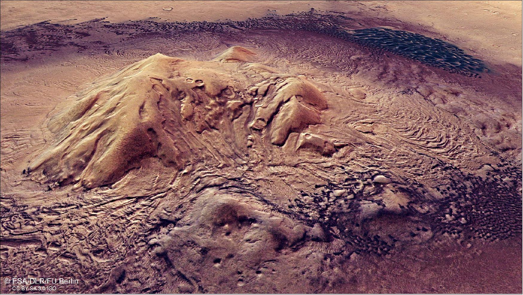 Figure 98: Perspective view of the Moreux crater on Mars observed on 30 October 2019 during orbit 20014 (image credit: ESA/DLR/FU Berlin, CC BY-SA 3.0 IGO)
