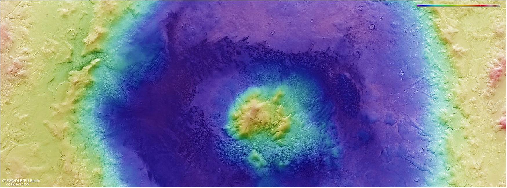 Figure 97: This color-coded topographic image shows a feature on Mars’ surface named Moreux crater, based on data gathered by the Mars Express High Resolution Stereo Camera on 30 October 2019 during orbit 20014. This view is based on a digital terrain model (DTM) of the region, from which the topography of the landscape can be derived; lower parts of the surface are shown in blues and purples, while higher altitude regions show up in whites, yellows and reds, as indicated on the scale to the bottom left. North is to the right (image credit: ESA/DLR/FU Berlin, CC BY-SA 3.0 IGO)