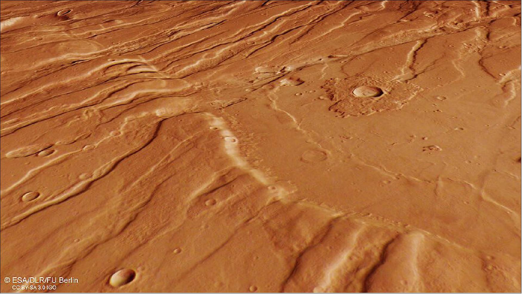 Figure 95: This image shows a part of Mars’ surface located northeast of the Tharsis volcanic province. This is a portion of Tempe Fossae – a series of tectonic faults that cuts across Tempe Terra in Mars’ northern highlands. It comprises data gathered on 30 September 2019 during orbit 19913. The ground resolution is approximately 15 m/pixel and the images are centered at about 279ºE/36ºN. This image was created using data from the nadir and color channels of the High Resolution Stereo Camera (HRSC). The nadir channel is aligned perpendicular to the surface of Mars, as if looking straight down at the surface. This HRSC stereo imaging was then used to derive a digital elevation model, upon which this oblique view is based (image credit: ESA/DLR/FU Berlin, CC BY-SA 3.0 IGO)