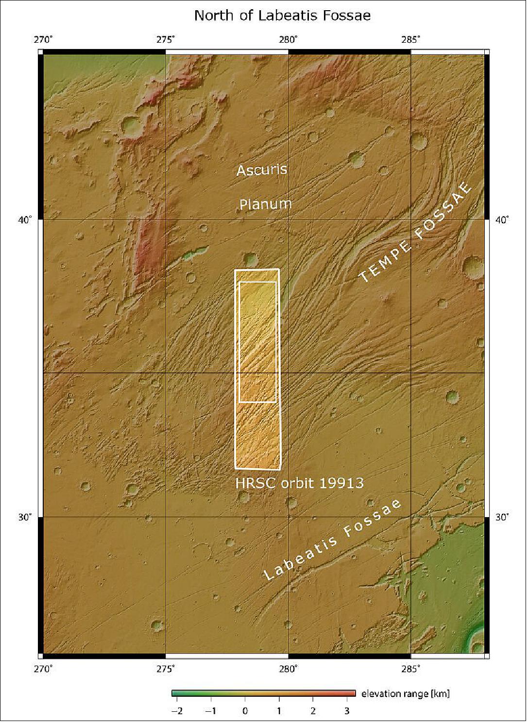 Figure 92: This image shows part of Mars’ surface, located northeast of the Tharsis volcanic province, in a wider context. This is Tempe Fossae – a series of tectonic faults that cuts across Tempe Terra in Mars’ northern highlands. The area outlined by the bold white box indicates the area imaged by the Mars Express High Resolution Stereo Camera on 30 September 2019 during orbit 19913 (image credit: NASA MGS MOLA Science Team)