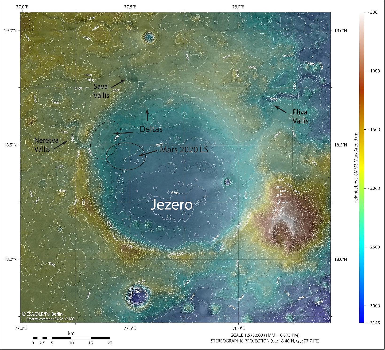 Figure 75: The most accurate topographic model of Jezero crater today – created using data from DLR's High Resolution Stereo Camera (HRSC). Jezero crater is the landing site for NASA's Perseverance rover (image credit: ESA/DLR/FU Berlin, CC BY-SA 3.0 IGO)