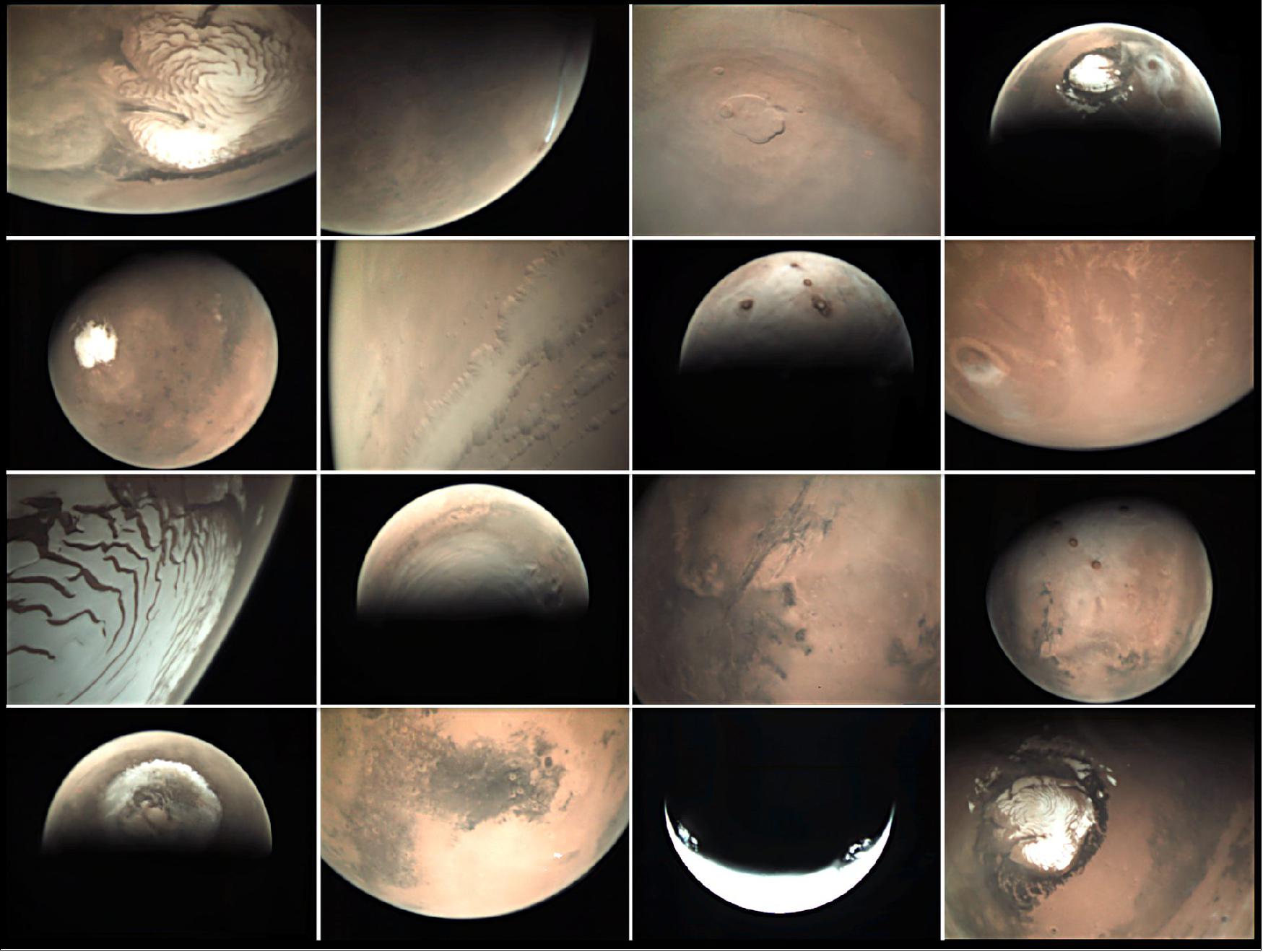 Figure 74: The image collage presented here highlights some of the beautiful views already captured by the camera and which are available in the archive and gallery. From left to right, row by row: Dust/water ice over the north pole (4 October 2019); Arsia Mons Elongated Cloud (12 November 2008); Olympus Mons caldera (19 October 2019); Double cyclone at the edge of the north pole (16 June 2012); Full disk of Mars with south pole visible (17 November 2016); Part of Valles Marineris with hazes present (12 November 2018); Tharsis Volcanoes and Olympus Mons (9 June 2010): Cloud over Olympus Mons (9 January 2019); Textured patterns in north polar cap (1 January 2020); Polar hoods (water ice clouds) over the north polar cap (28 December 2010): Valles Marineris canyon system (1 July 2008); Full disk of Mars with Tharsis volcanos visible (22 October 2017); Local dust storm over the north polar cap (6 September 2016); Syrtis Major (9 March 2020); Twilight clouds on Mars (25 November 2019); Close up of the south pole of Mars (8 August 2010), image credit: ESA/MEX/VMC, CC BY-SA 3.0 IGO)