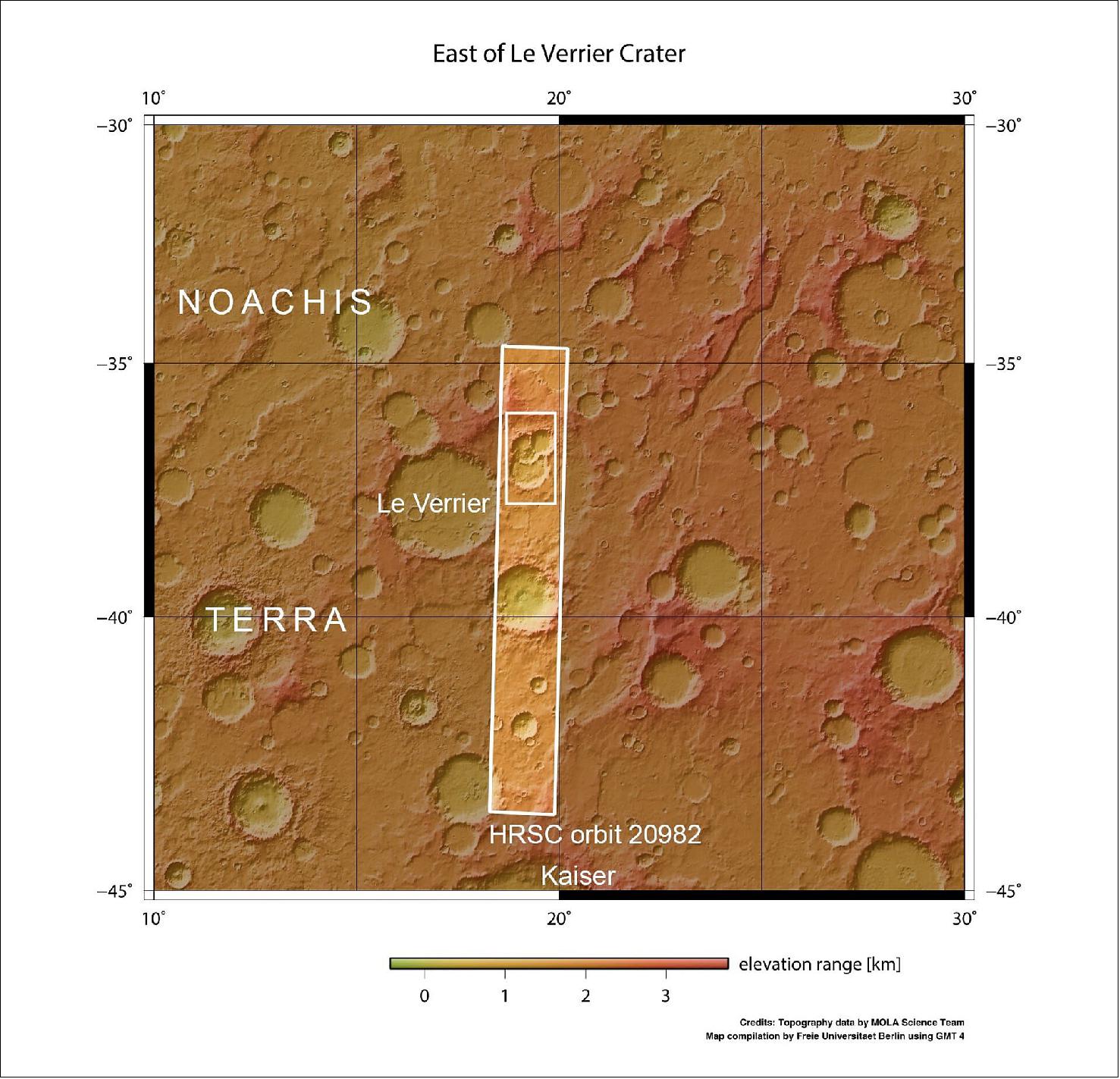 Figure 70: In context: Triple crater east of Le Verrier. This image shows a triple crater in the ancient martian highlands – more specifically, the region of Noachis Terra – in a wider context. The area outlined by the bold white box indicates the area imaged by the Mars Express High Resolution Stereo Camera (HRSC) on 6 August 2020 during orbit 20982 (image credit: NASA MGS MOLA Science Team)