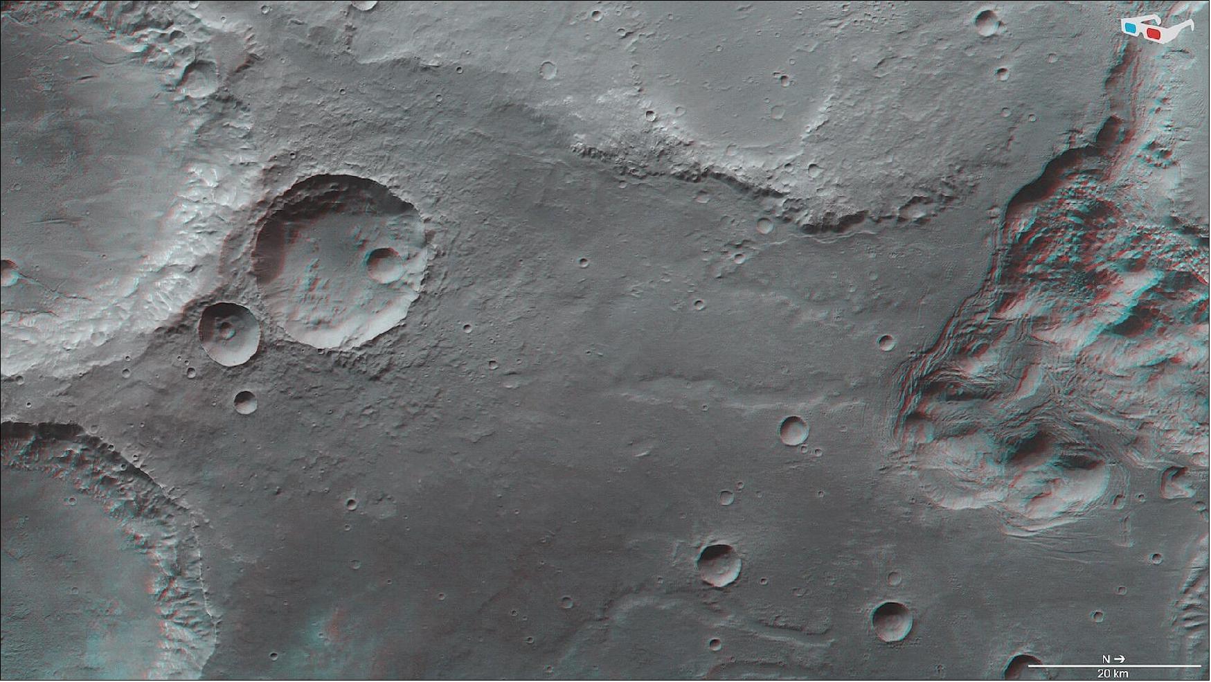 Figure 69: This image shows craters, valleys and chaotic terrain in Mars’ Pyrrhae Regio in 3D when viewed using red-green or red-blue glasses. This anaglyph was derived from data obtained by the nadir and stereo channels of the High Resolution Stereo Camera (HRSC) on ESA’s Mars Express during spacecraft orbit 20972 (3 August 2020). It covers a part of the martian surface centered at 322ºE/16ºS. North is to the right (image credit: ESA/DLR/FU Berlin, CC BY-SA 3.0 IGO)