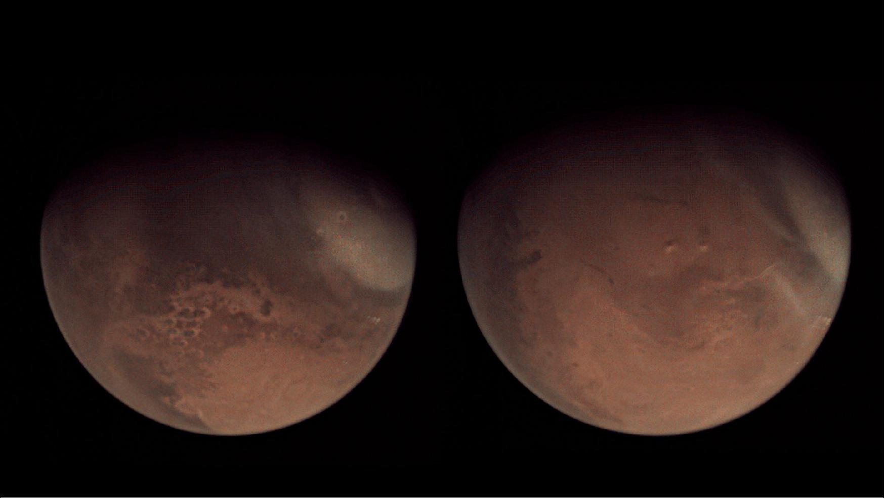 Figure 57: The image on the left was taken on 6 February and the image on the right on 7 February – one of the first images returned from the new martian year. The images were captured by the Visual Monitoring Camera onboard ESA’s Mars Express, which takes regular snapshots of the planet from orbit. The images are automatically shared to the camera’s Twitter account and posted to Flickr. One year on Mars equals 687 Earth days, so it takes almost twice as long to orbit the Sun. Your birthday would instead be every 23 Earth months! The martian new year begins with the northward equinox (northern spring, southern autumn) and the coming year is designated Mars Year 36 (image credit: ESA, CC BY-SA 3.0 IGO)