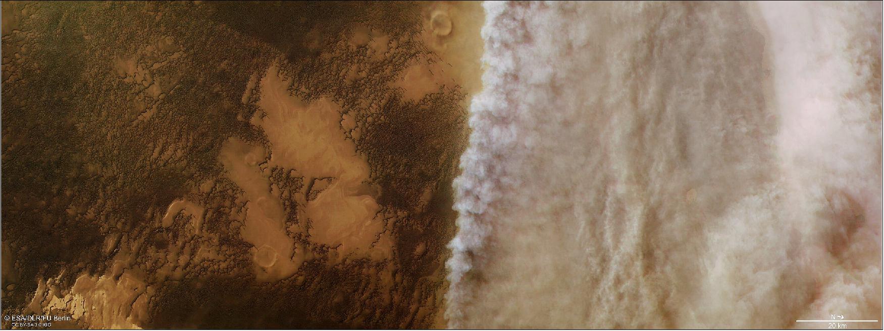 Figure 49: Mars dust storm in April 2018. The high resolution stereo camera on board ESA’s Mars Express captured this impressive upwelling front of dust clouds – visible in the right half of the frame – near the north polar ice cap of Mars in April this year (image credit: ESA/DLR/FU Berlin, CC BY-SA 3.0 IGO)