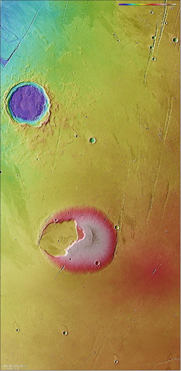 Figure 37: Topography of Jovis Tholus. This colour-coded topographic image of the Jovis Tholus shield volcano and surrounding features was created from data collected by ESA’s Mars Express. It is based on a digital terrain model of the region, from which the topography of the landscape can be derived. Lower parts of the surface are shown in blues and purples, while higher altitude regions show up in whites and reds, as indicated on the scale to the top right. North is up. - The ground resolution is approximately 17 m/pixel and the images are centered at about 242ºE/19ºN (image credit: ESA/DLR/FU Berlin, CC BY-SA 3.0 IGO)